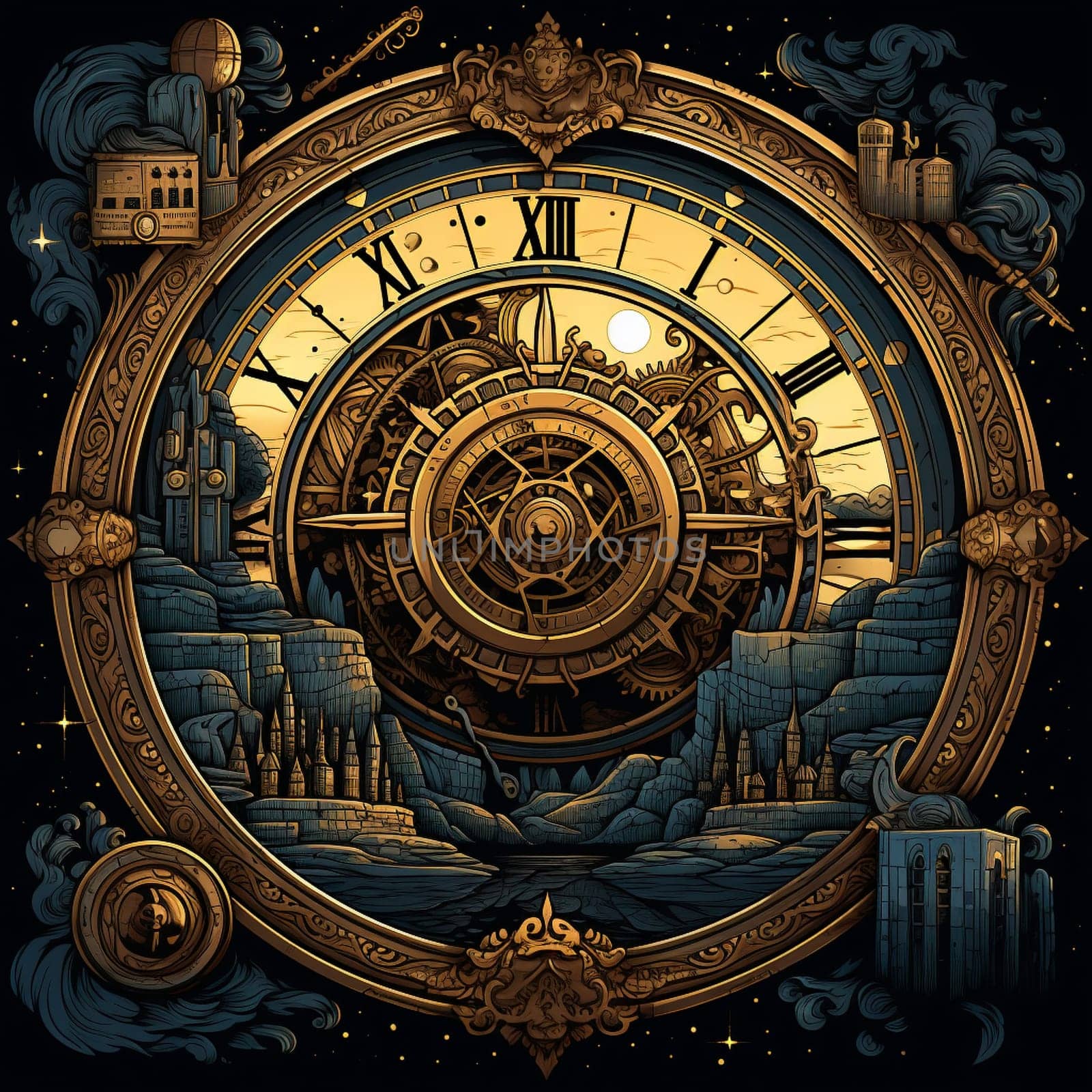 Enter a world of enchantment with this vintage clock, adorned with intricate details and mysterious elements. In a hand-drawn storytelling art style, the clock comes to life with its steam-powered gears and glowing mystical symbols. Surrounding the clock are objects that hint at different tales and stories, with fairies and anthropomorphic animals engaged in peculiar activities nearby. This captivating image evokes curiosity and sparks the imagination, leaving viewers wondering about the enchanting stories hidden within the clock's intricate mechanisms.