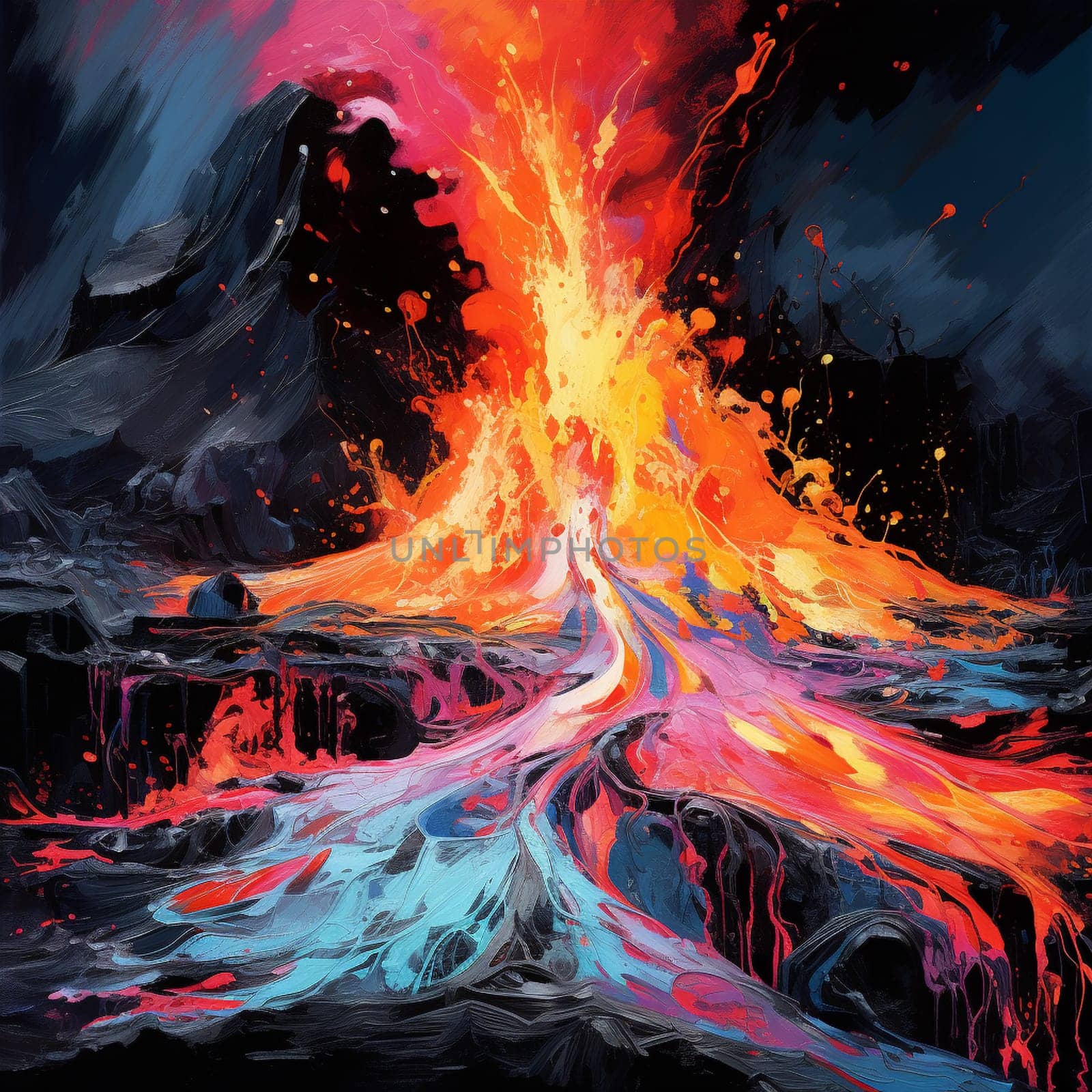 Experience the mesmerizing beauty and raw power of nature's fiery embrace in this surreal and abstract image of a volcanic eruption. Vibrant, swirling colors mingle with cascading lava streams, creating a captivating portrayal that evokes a sense of both awe and danger. The art style is reminiscent of Impressionism, with bold brushstrokes and a dreamlike quality that adds to the visual impact. There are no identifiable landmarks or trademarks, allowing the focus to solely remain on the stunning portrayal of this unique volcanic phenomenon.
