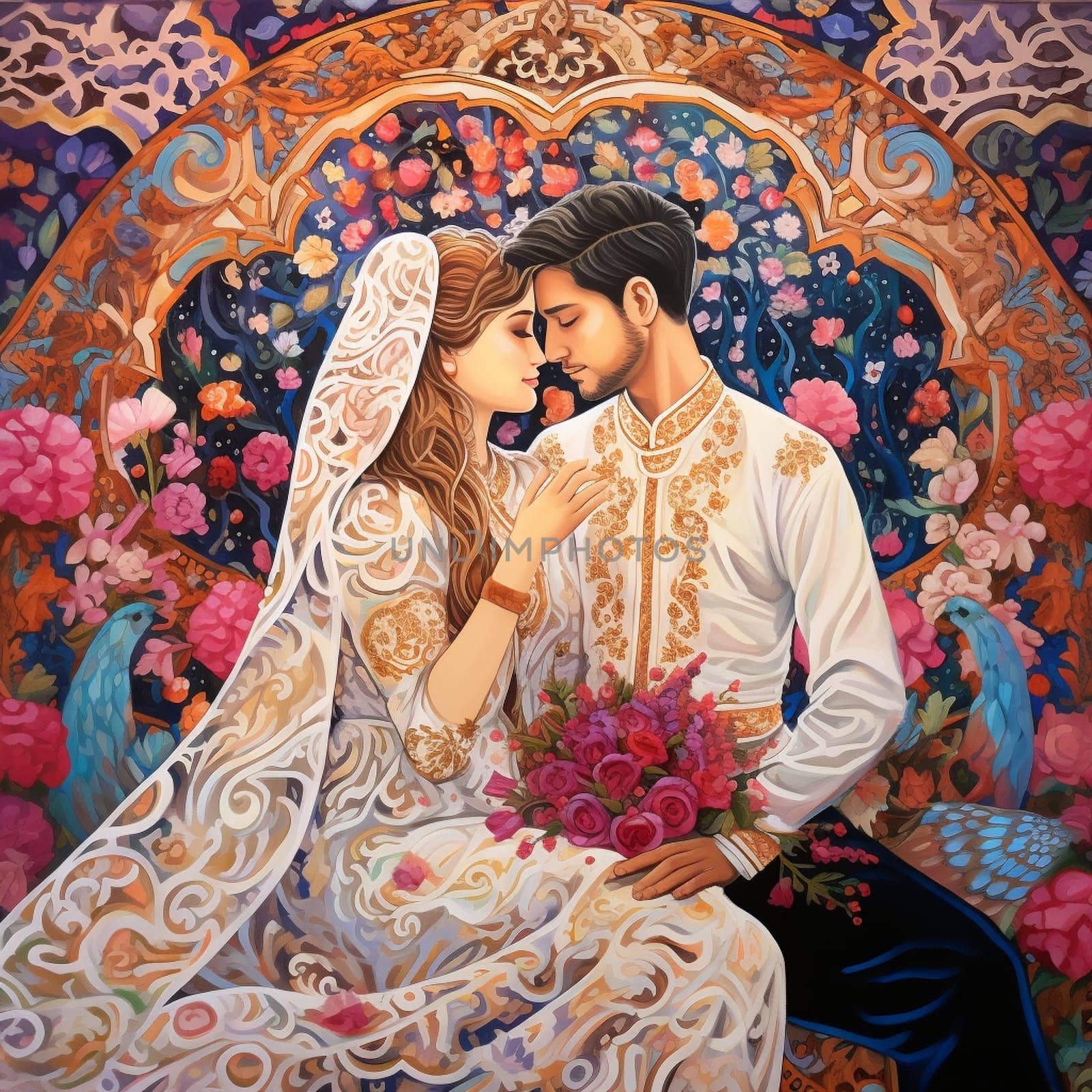 Traditional wedding vow exchange in front of intricately designed love-themed tapestry by Sahin