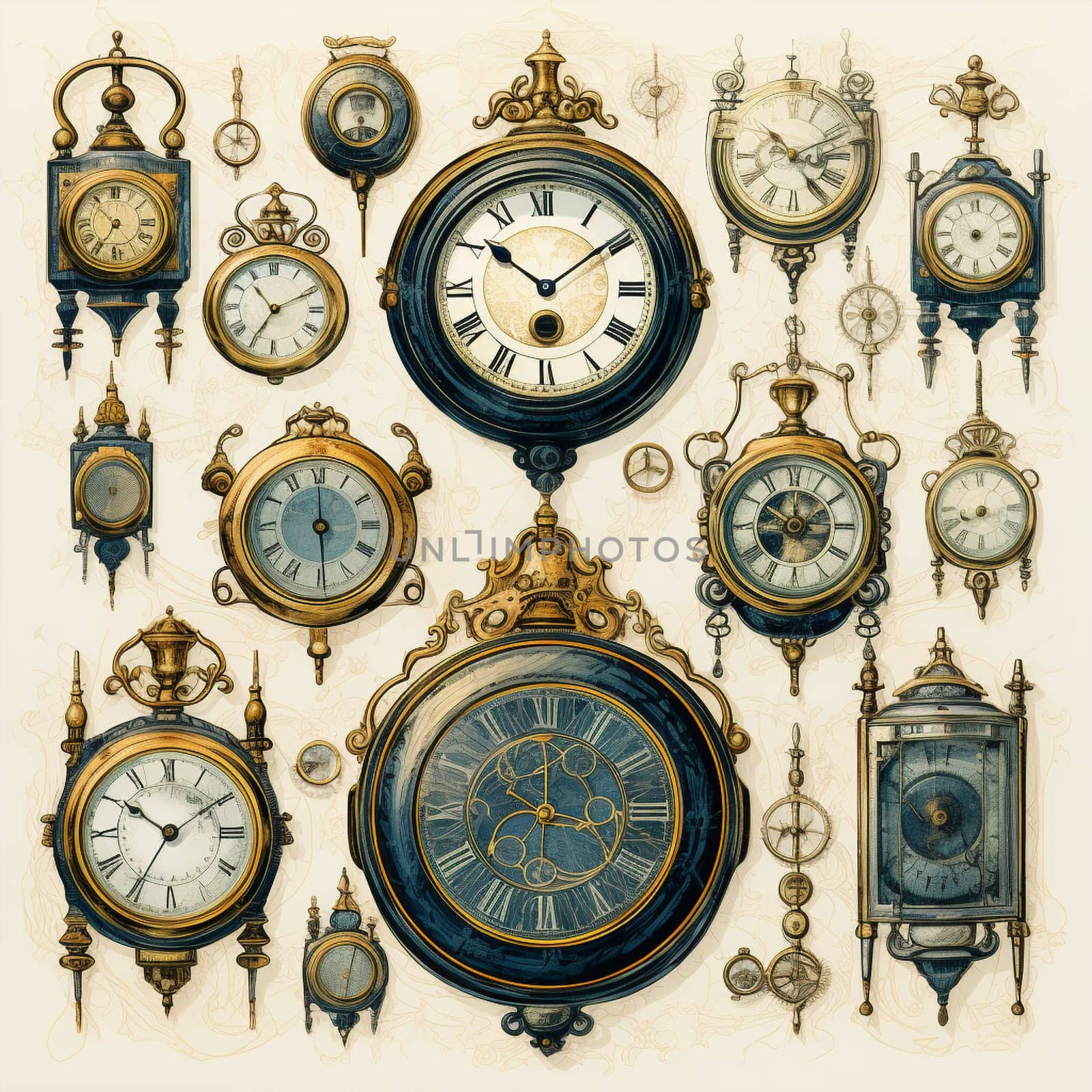 Step back in time with this hand-drawn vintage illustration that beautifully showcases a collection of exquisite antique clocks. Each clock in this sophisticated and harmonious arrangement is designed with unique details that add to its timeless charm and refinement. Admire the intricate craftsmanship and appreciate the history behind these elegant timepieces.