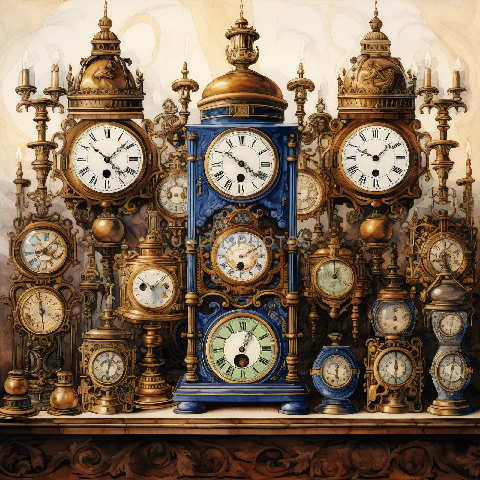 Step into the past with this stunning digital artwork! Inspired by the title 'Glimpses of History: Vintage Clocks as Artifacts,' this artwork depicts a table covered with a captivating assortment of intricately designed vintage clocks from various eras. Each clock is a unique representation of its time period, showcasing the artistic and mechanical intricacies of the era. The soft, muted colors of the watercolor style enhance the nostalgic and historical feel of the artwork, evoking a sense of wonder and curiosity. Get ready to be transported to a bygone era filled with the ticking of these magnificent timekeeping treasures!