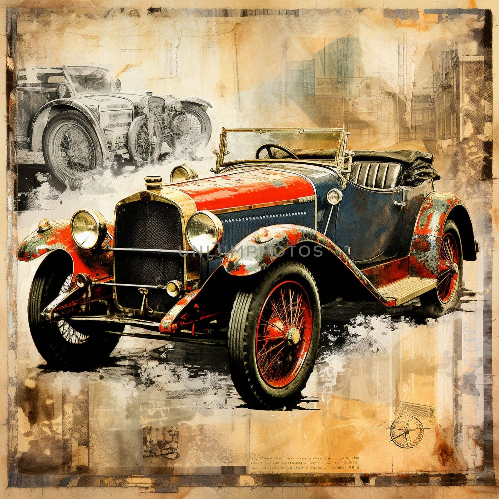 Embark on a thrilling journey through time with this art collage featuring vintage cars from various eras! Each car is intricately detailed with unique characteristics that evoke the essence of its respective time period. The composition exudes a sense of motion and excitement, capturing the viewer's imagination as they travel through different decades. Vibrant colors, dynamic perspectives, and visually captivating elements make this image stand out and grab attention on microstock sites.