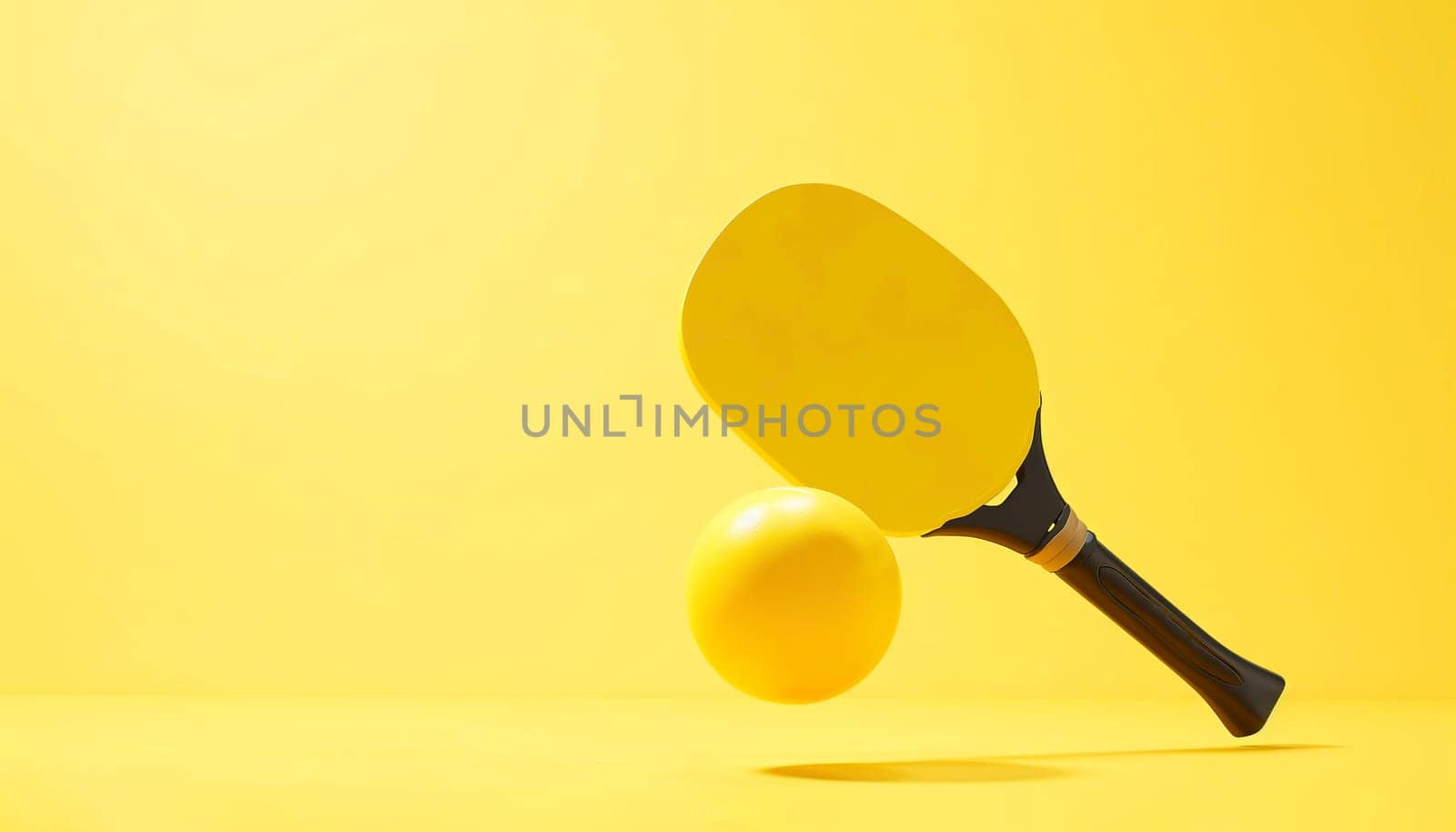 Levitating Pickleball Set. Mockup Yellow Pickleball Paddle and Ball on Monochrome Background. Space For Text. Sports, Active Game for Seniors. AI Generated. High quality photo