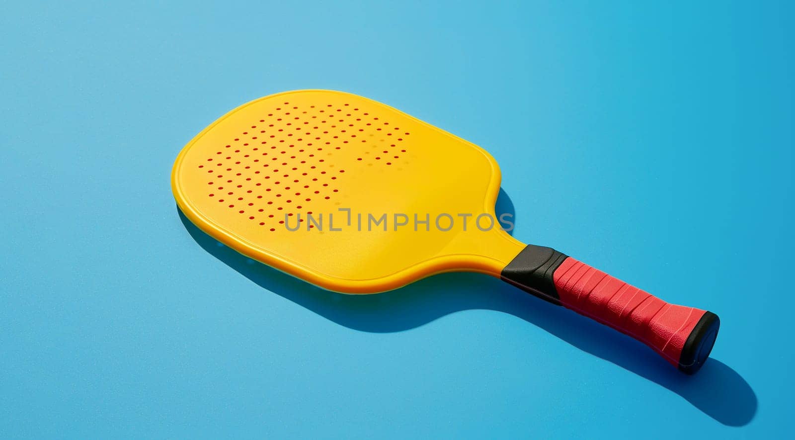 Yellow Pickleball Paddle on Blue Background, Outdoor Or Indoor Leisure Activity. Ai Generated. Horizontal. Racket Paddle Sport. Active Lifestyle, Sport by netatsi