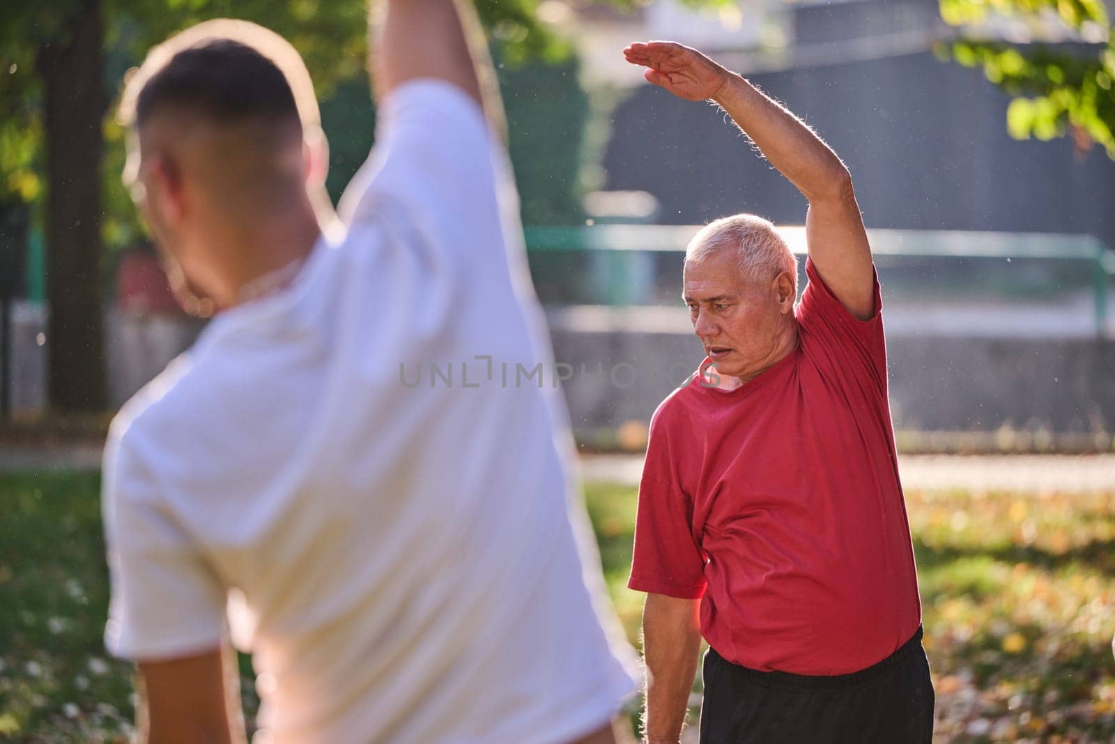 A group of seniors follows a trainer, engaging in outdoor exercises in the park, as they collectively strive to maintain vitality and well-being, embracing an active and health-conscious lifestyle in their later years.