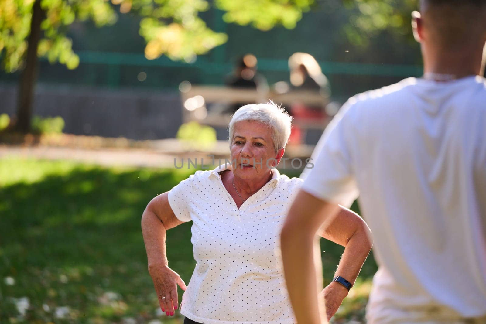 A group of seniors follows a trainer, engaging in outdoor exercises in the park, as they collectively strive to maintain vitality and well-being, embracing an active and health-conscious lifestyle in their later years by dotshock