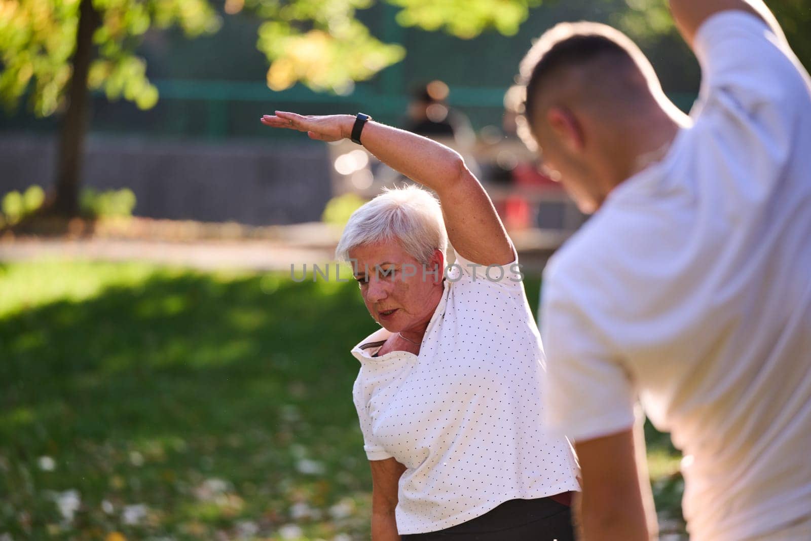 A group of seniors follows a trainer, engaging in outdoor exercises in the park, as they collectively strive to maintain vitality and well-being, embracing an active and health-conscious lifestyle in their later years by dotshock