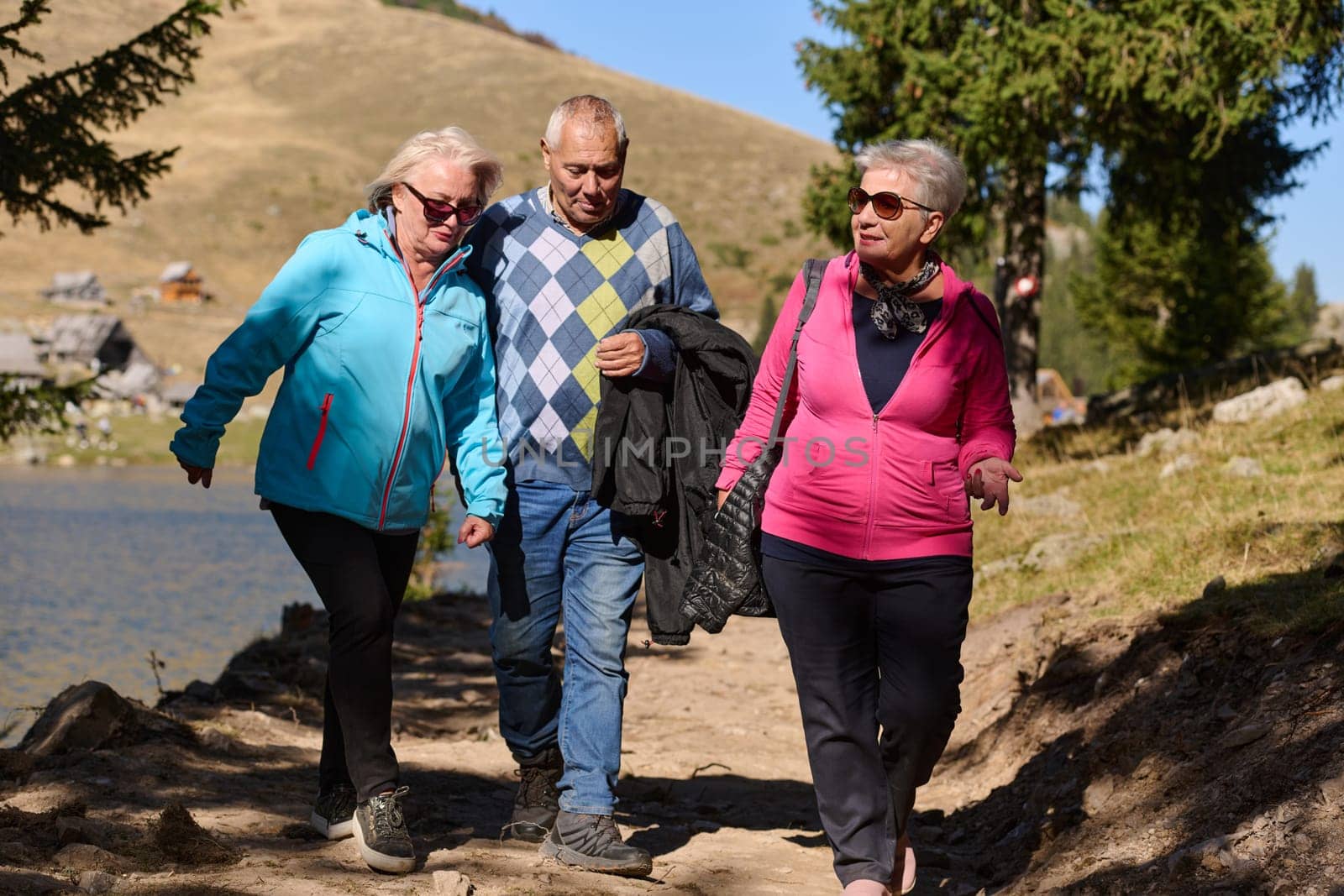 A family shares delightful moments with their friends amid the stunning landscapes of mountains, lakes, and winding paths, promoting a healthy lifestyle and the joy of familial bonds in the embrace of nature's beauty.