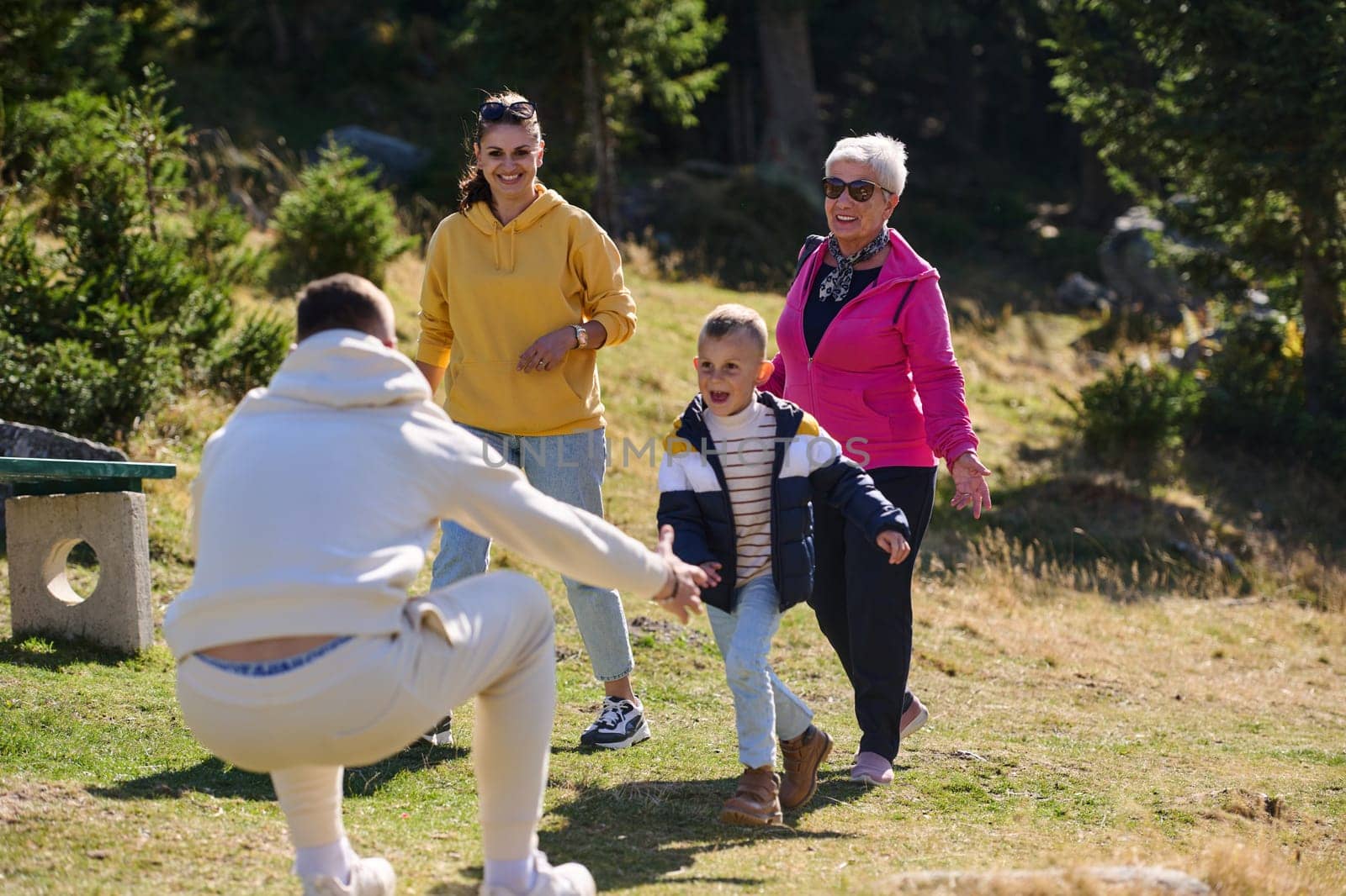 A family shares delightful moments with their friends amid the stunning landscapes of mountains, lakes, and winding paths, promoting a healthy lifestyle and the joy of familial bonds in the embrace of nature's beauty.