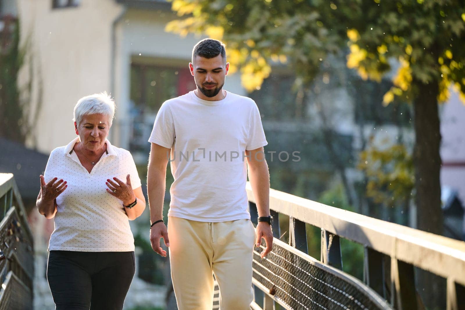 A handsome man and an older woman share a serene walk in nature, crossing a beautiful bridge against the backdrop of a stunning sunset, embodying the concept of a healthy and vibrant intergenerational life. by dotshock