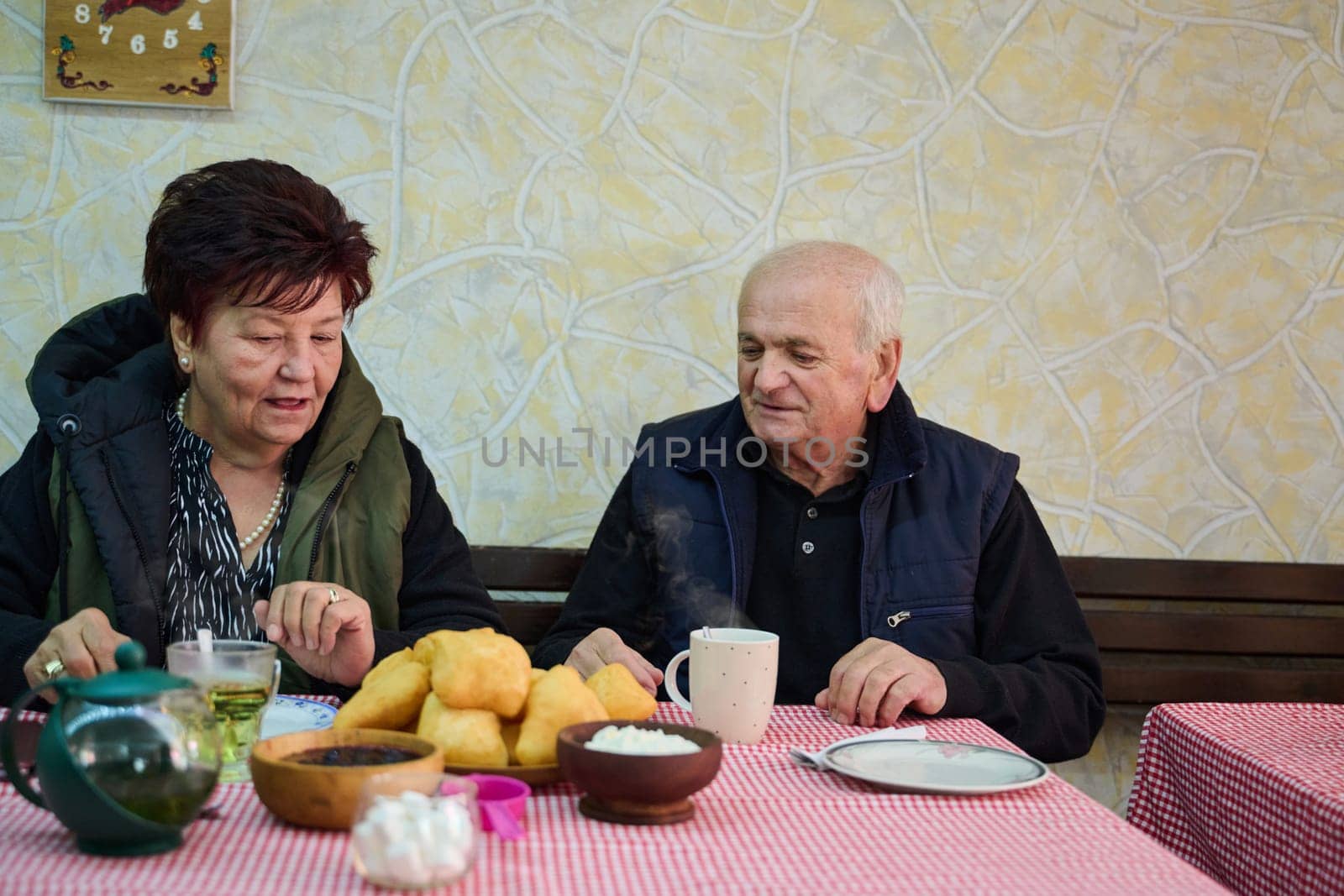 Elderly couple finds pure joy in the serene morning as they savor a cup of coffee, immersed in the tranquil beauty of nature that surrounds their rustic retreat by dotshock