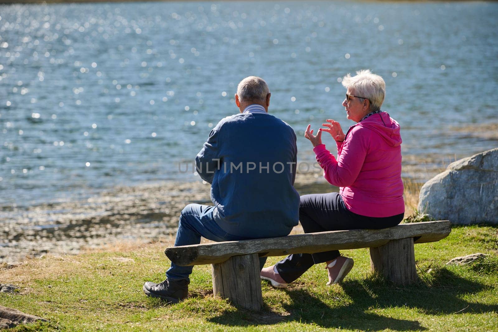 Elderly couple finding solace and joy as they rest on a park bench, engaged in heartfelt conversation, following a rejuvenating strol a testament to the enduring companionship and serene connection that accompanies the golden years.