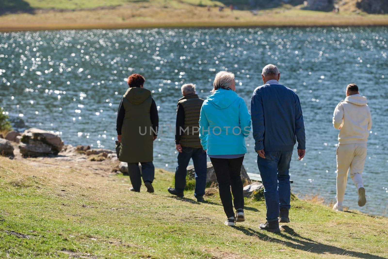 Elderly couple strolling through the breathtaking beauty of nature, maintaining their vitality and serenity, embracing the joys of a health-conscious and harmonious lifestyle.