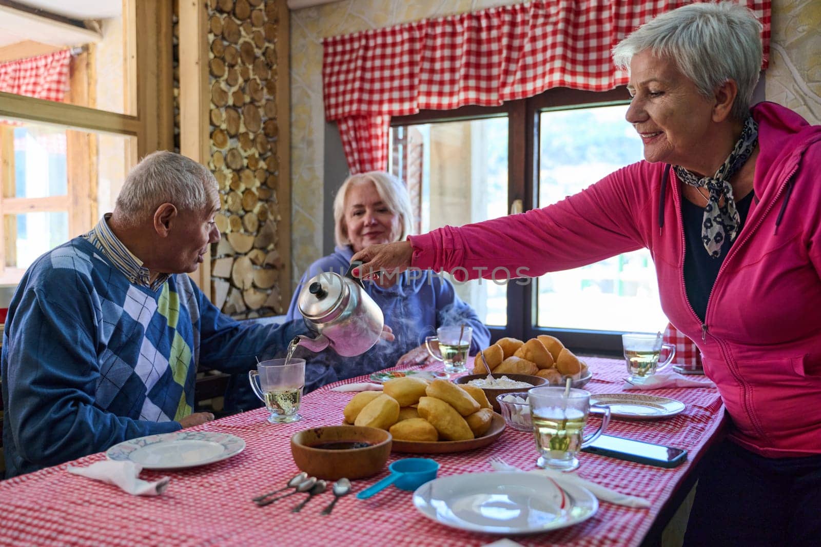 Elderly couple finds pure joy in the serene morning as they savor a cup of coffee, immersed in the tranquil beauty of nature that surrounds their rustic retreat.