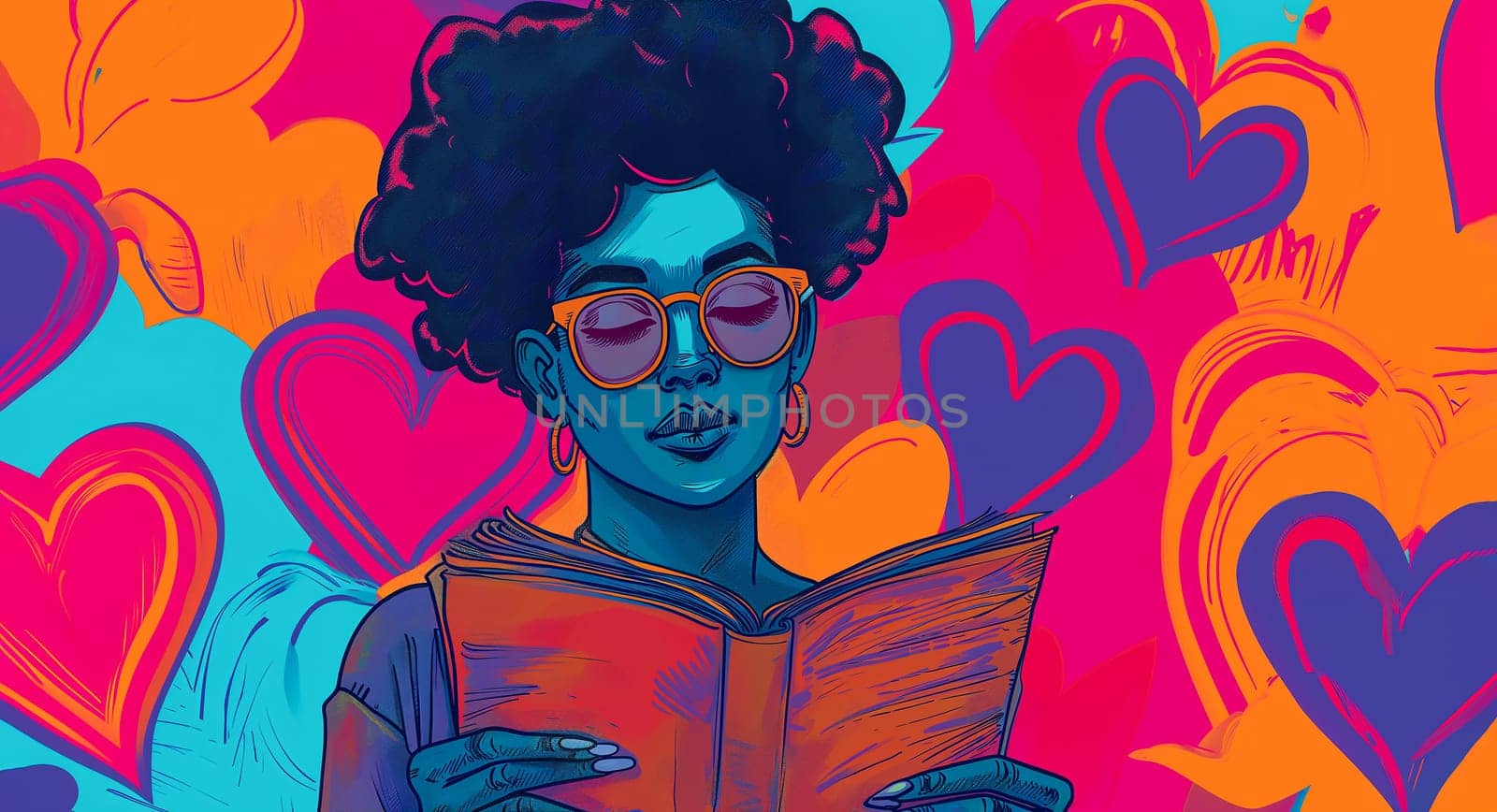 International Quirkyalone Day, February 14. Beautiful Stylish Woman With Curly Hair Reading book, line art, Colorful Hearts are on background. AI Generated Horizontal by netatsi