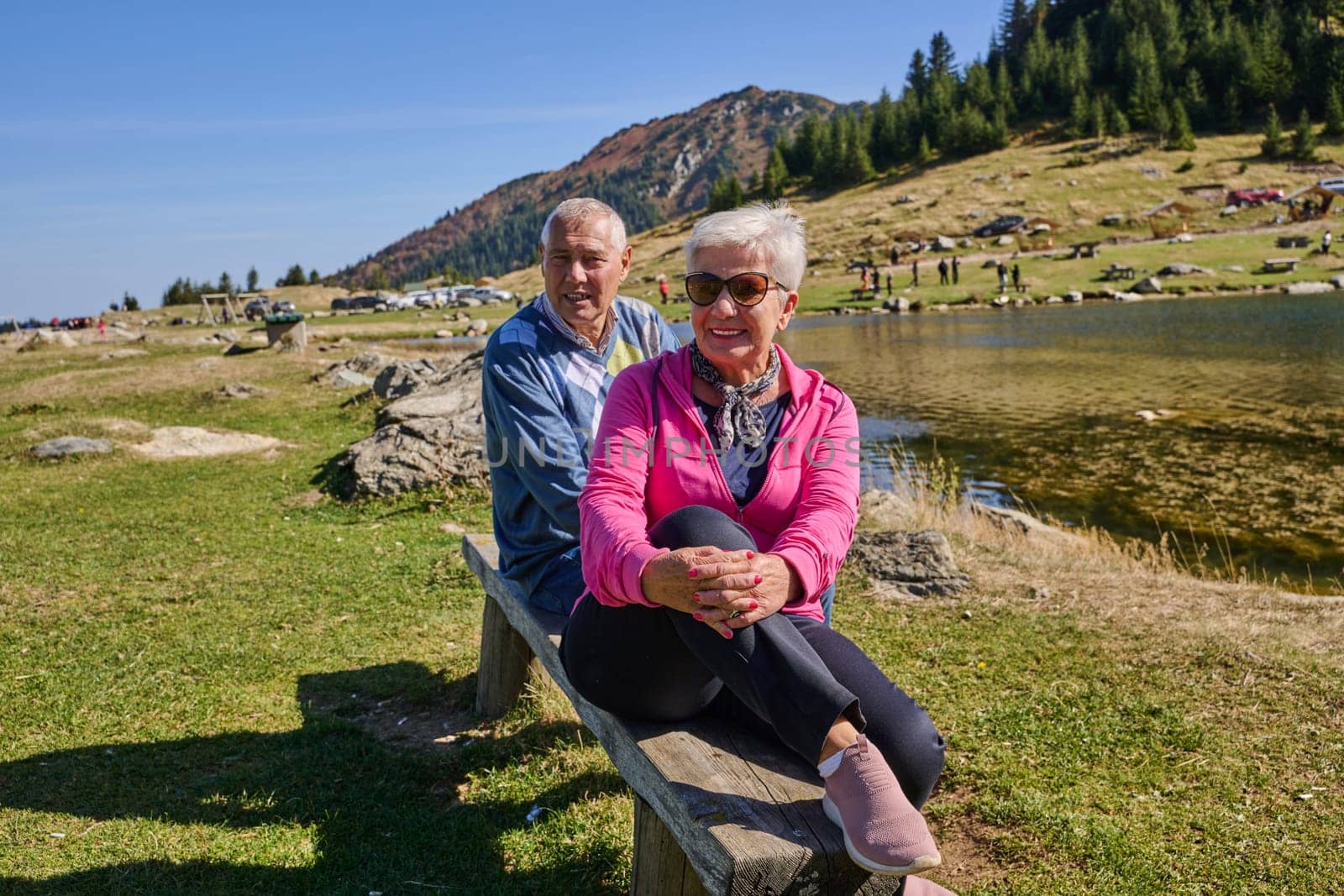 Elderly couple finding solace and joy as they rest on a park bench, engaged in heartfelt conversation, following a rejuvenating strol a testament to the enduring companionship and serene connection that accompanies the golden years.