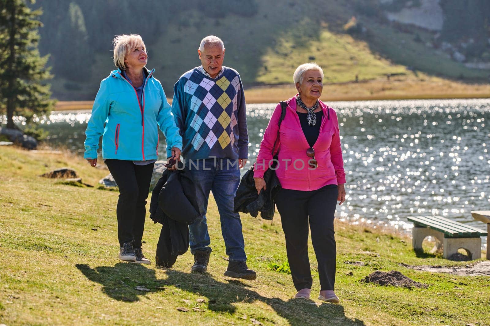 A family shares delightful moments with their friends amid the stunning landscapes of mountains, lakes, and winding paths, promoting a healthy lifestyle and the joy of familial bonds in the embrace of nature's beauty.