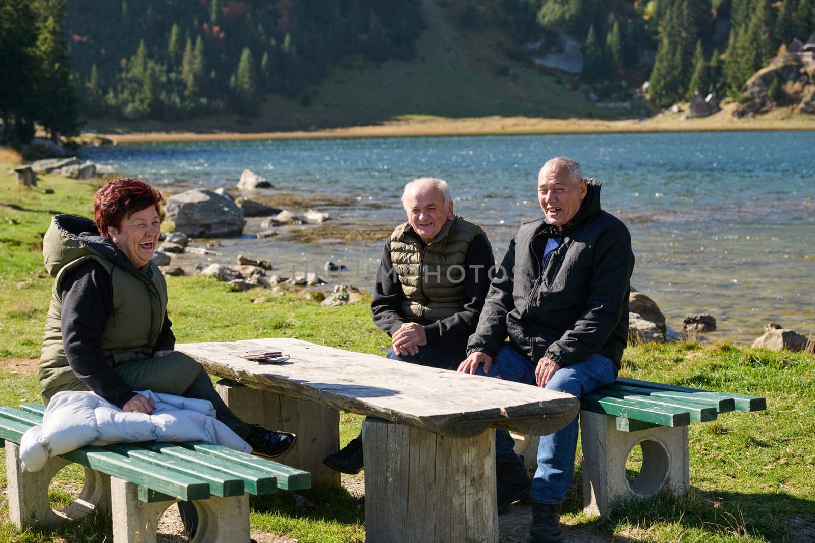 A family shares delightful moments with their friends amid the stunning landscapes of mountains, lakes, and winding paths, promoting a healthy lifestyle and the joy of familial bonds in the embrace of nature's beauty by dotshock