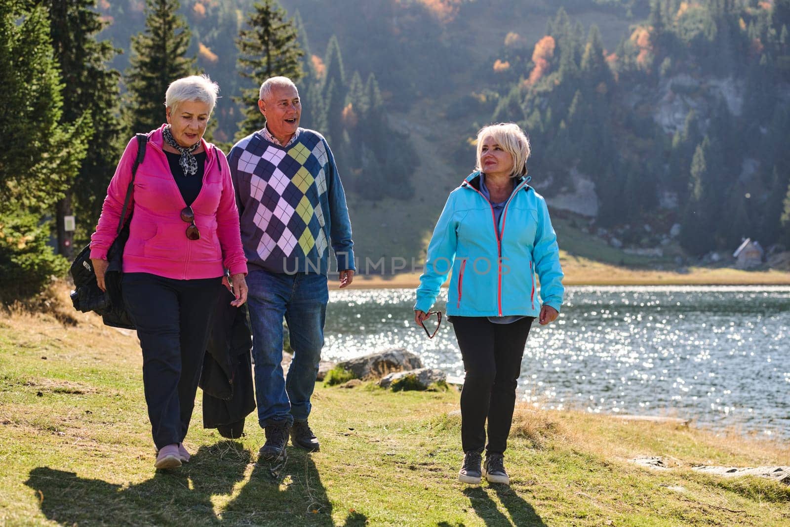 A family shares delightful moments with their friends amid the stunning landscapes of mountains, lakes, and winding paths, promoting a healthy lifestyle and the joy of familial bonds in the embrace of nature's beauty by dotshock