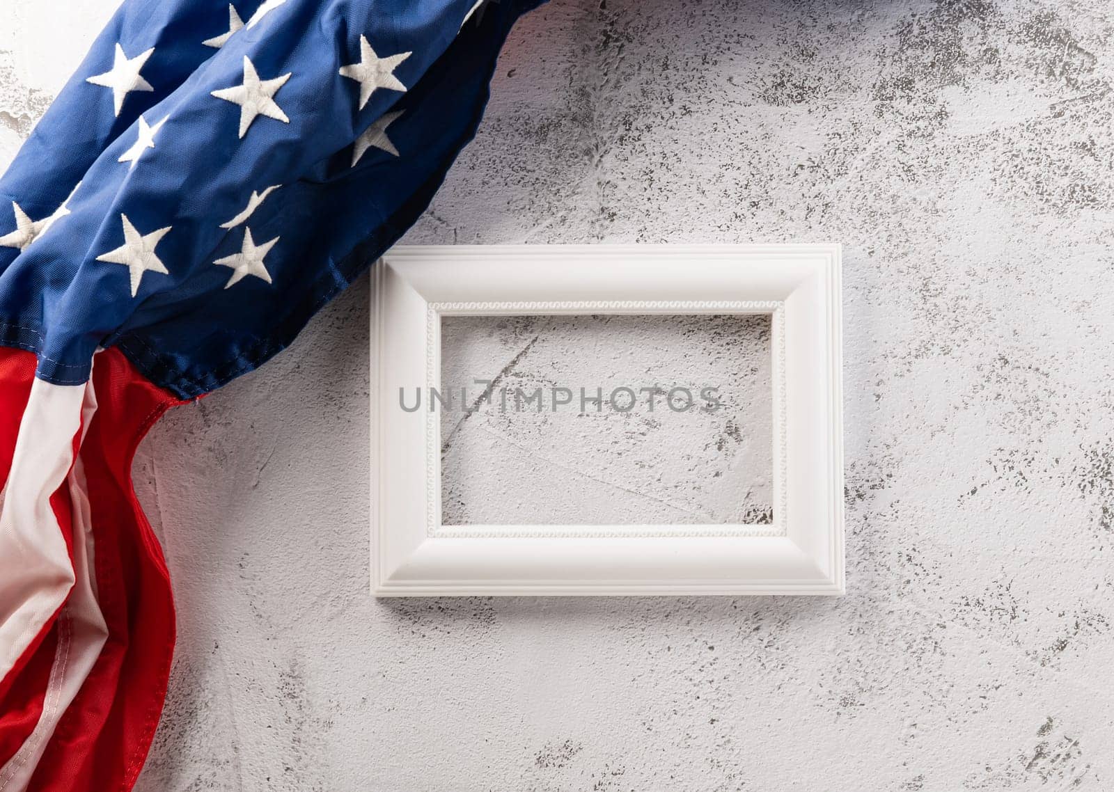 Presidents' Day. Banner template design of presidents day concept, flag of United States American and photo frame space, USA flag for Memorial day on white abstract background