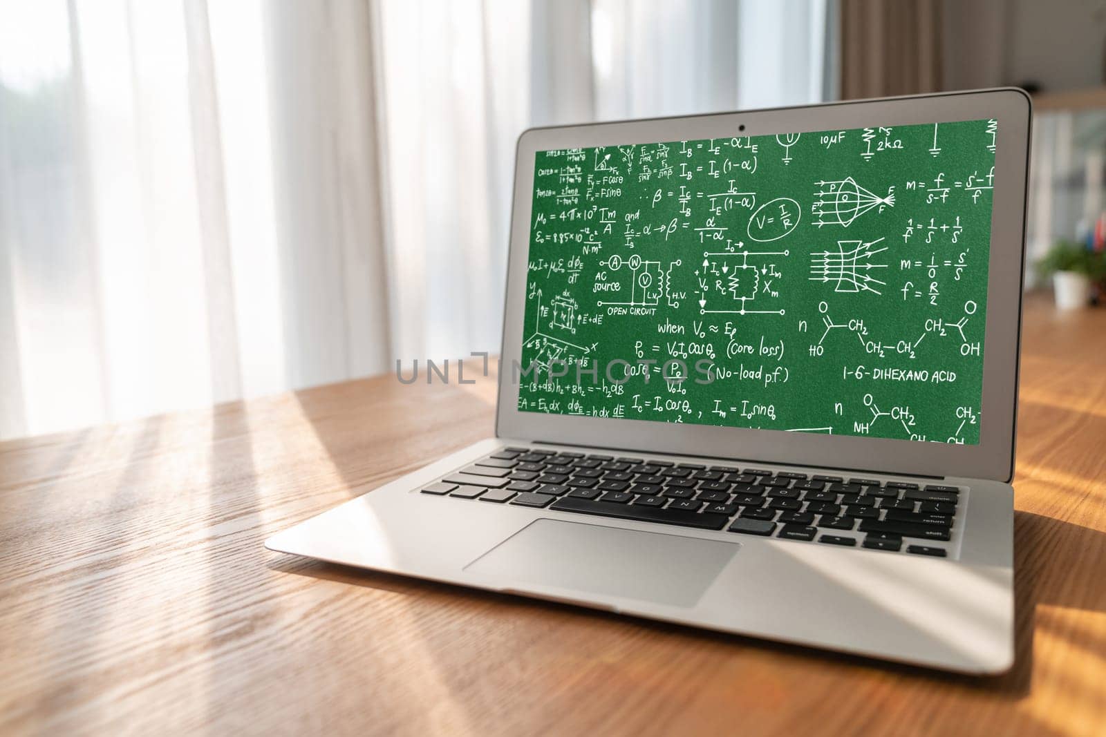 Mathematic equations and modish formula on computer screen showing concept of science and education