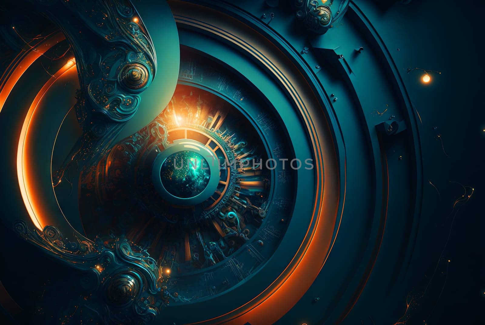 Abstract retro futuristic composition in technology style with giant wheel or engine. Retro background with surreal mindbending figures. Generated AI