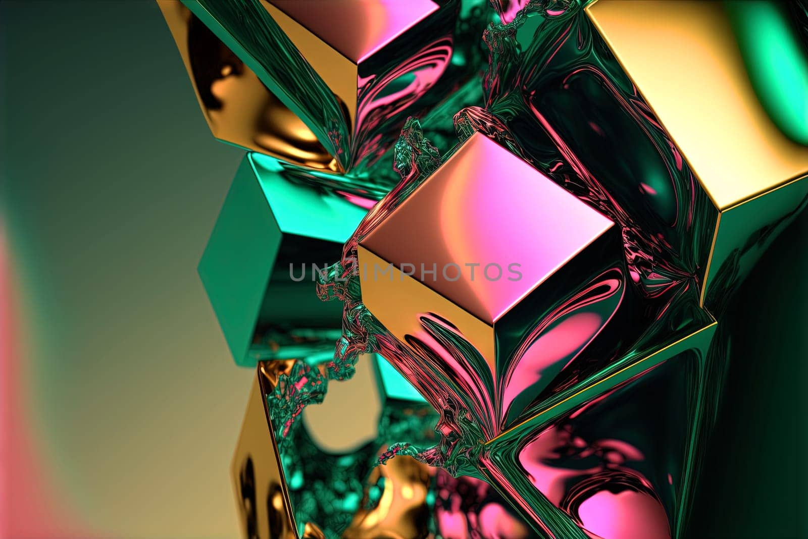 Abstract background with free 3D golden shapes, flowing and melting in surreal motion. Soft splashing abstract forms background with green and purple crystal inclusion. Generated AI. by SwillKch