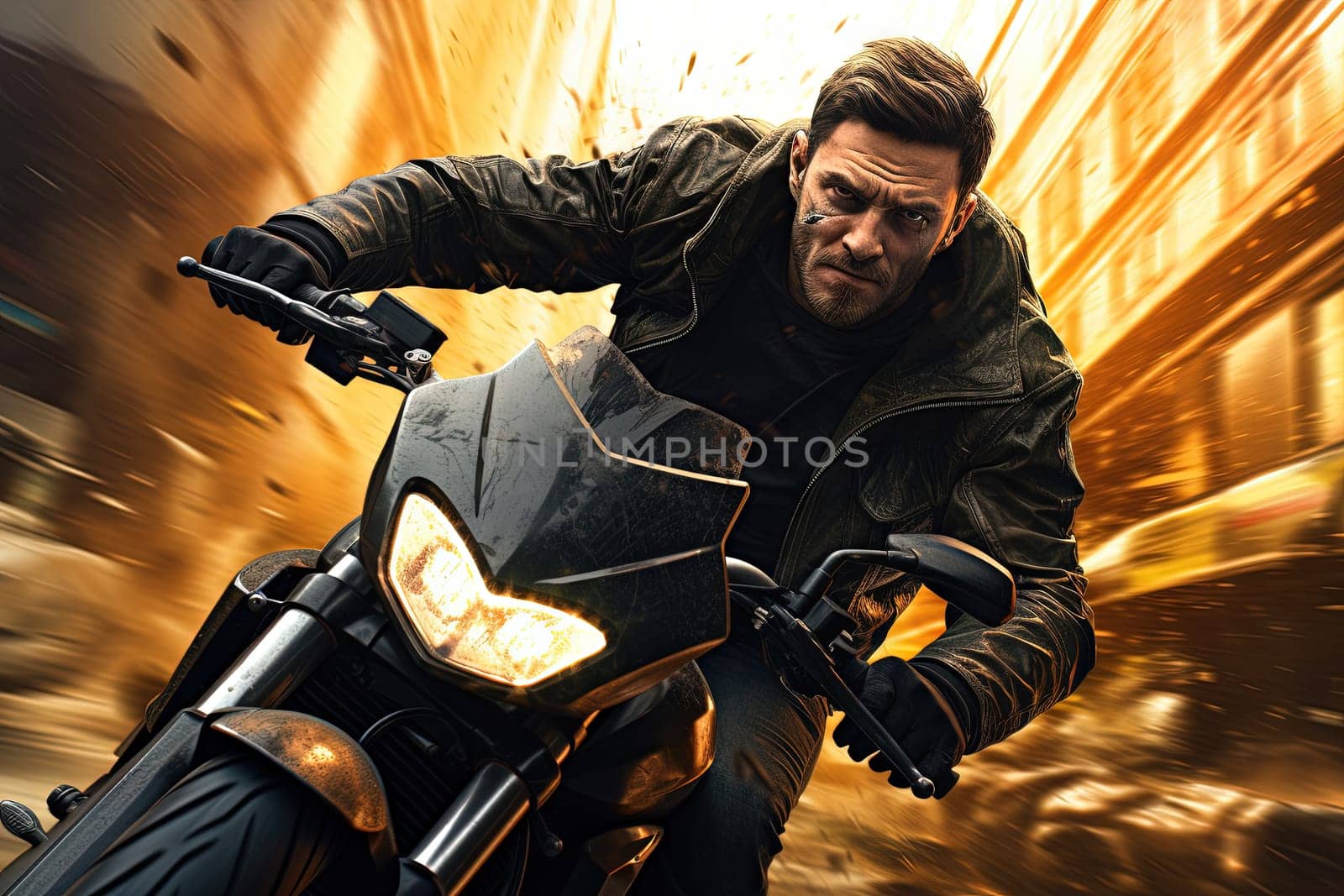 Action shot with man riding away on bike. Dynamic scene in action movie blockbuster style. Generated AI