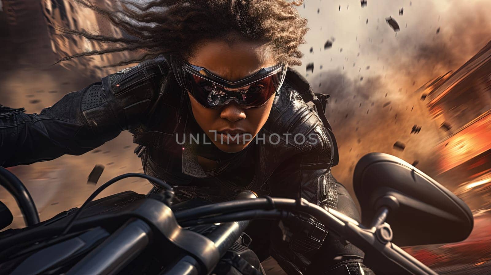 Action shot with black woman on the bike riding away from fire and explosion. Dynamic scene in action movie blockbuster style. Generated AI
