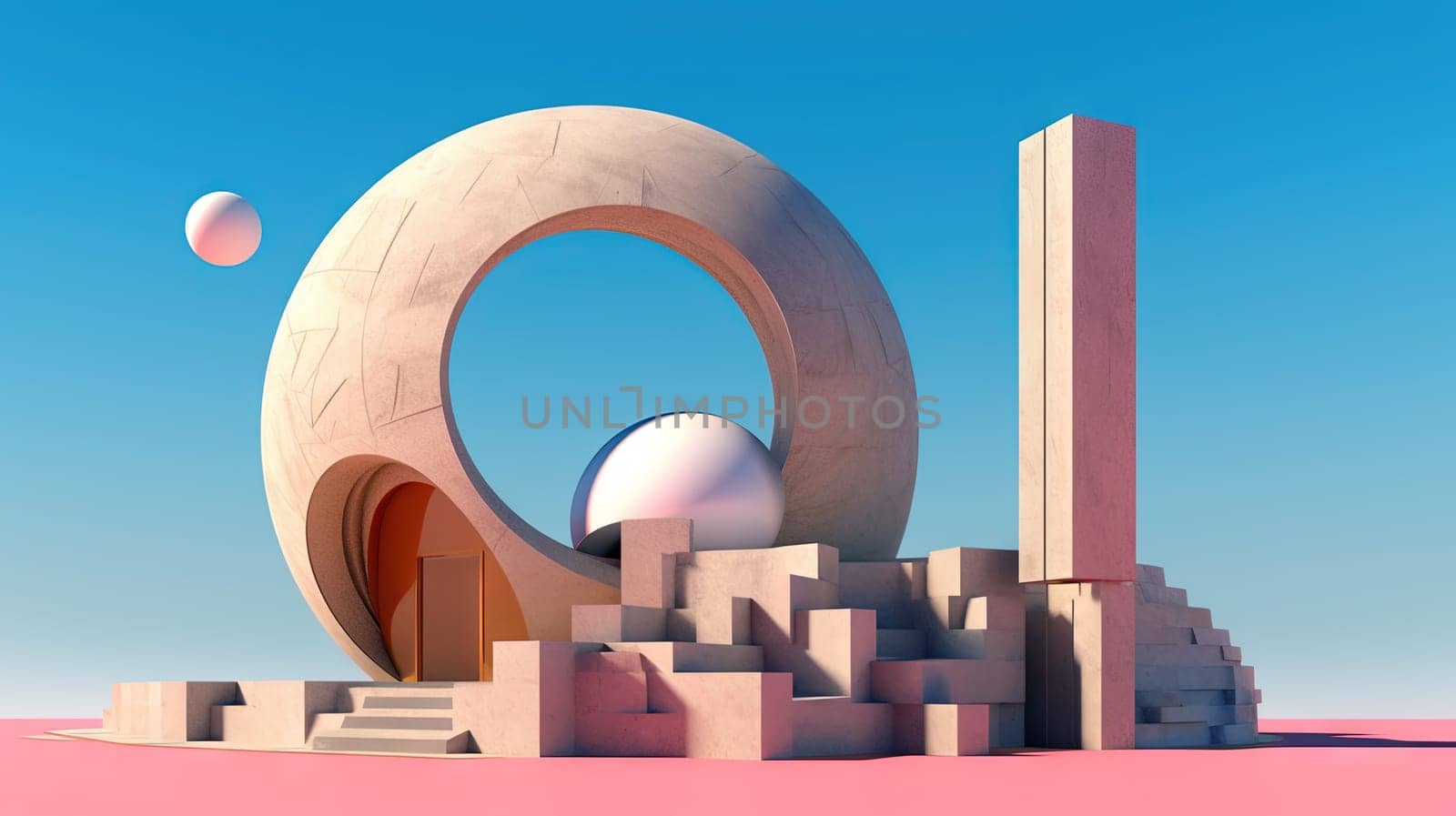 Abstract architecture surreal building. Dream scene with epic architectural abstraction under the blue sky. Generated AI