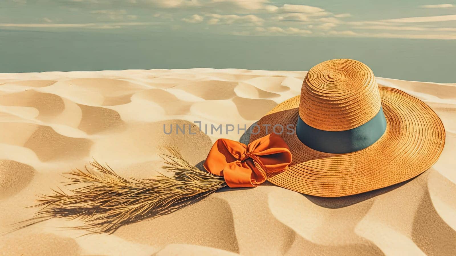Hat and towel on the sand of the beach. Vacation scene with straw hat on the shore line. Generative AI