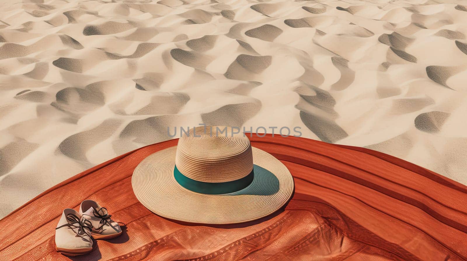 Hat and towel on the sand of the beach. Vacation scene with straw hat on the shore line. Generative AI