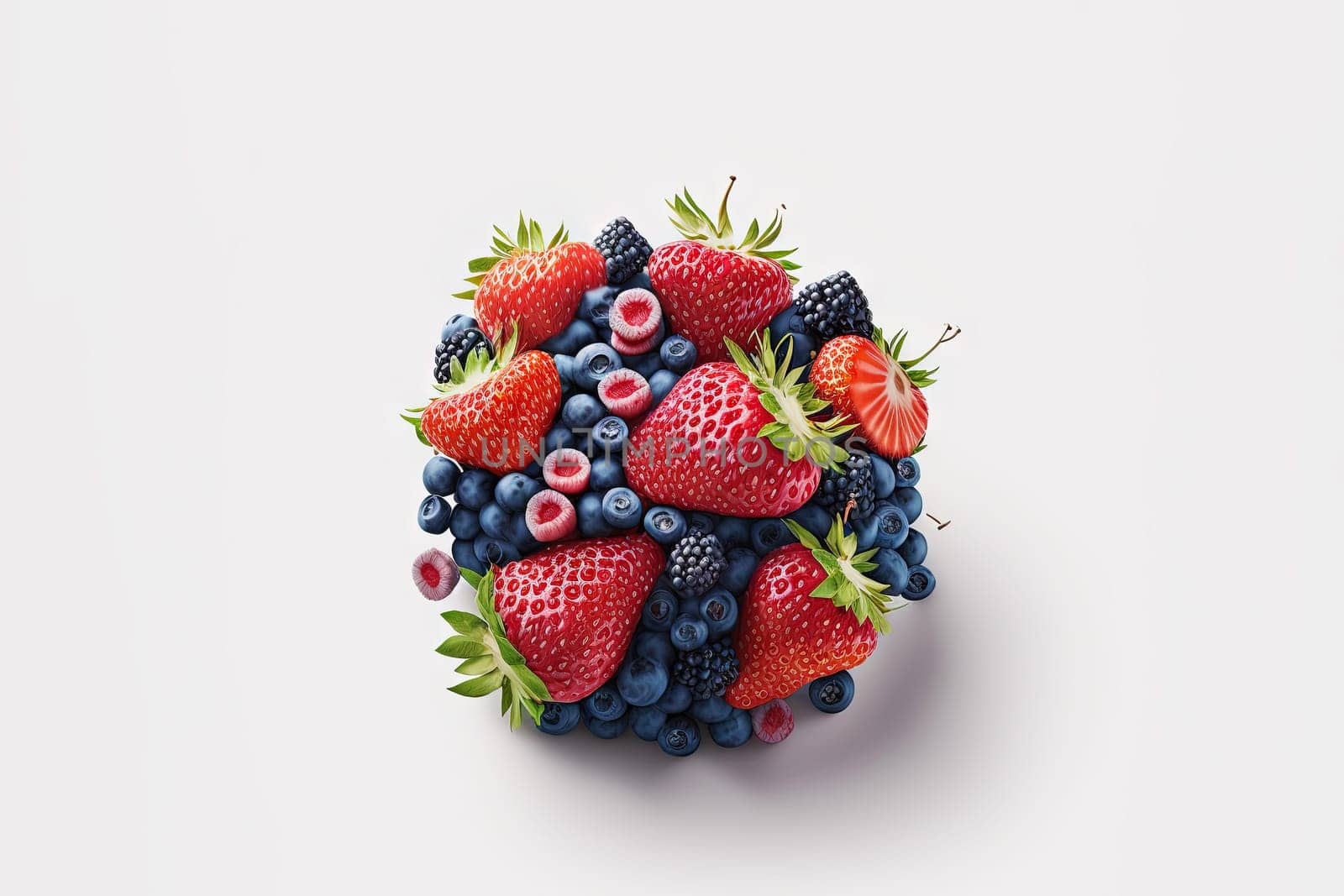 Various berries composition with leaves on white background. Juicy berries laying. Generated AI