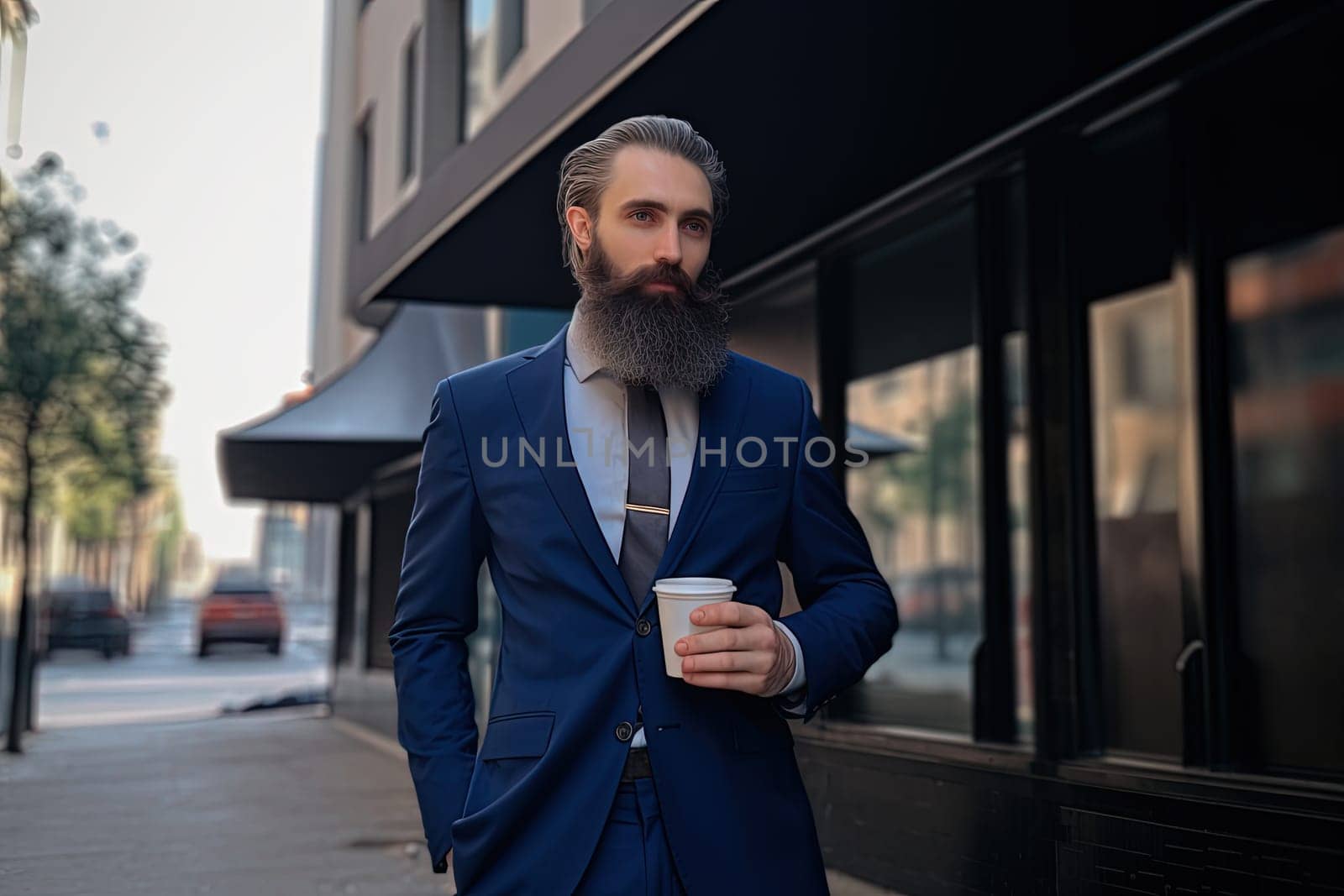 Businessman with huge beard, fashionable blue suit and a cup of coffee on the street. Generated AI