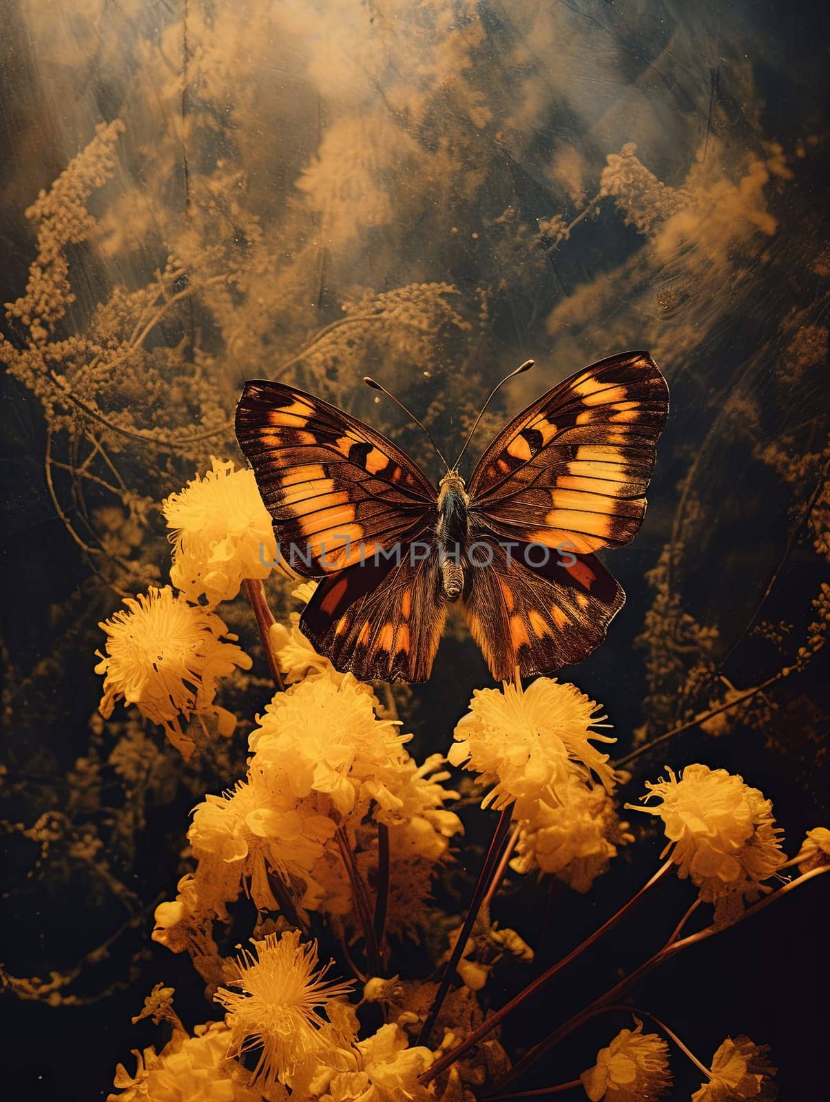 Butterfly on the colorful flowers and plants. Calm nature scene with dreamy colors. Generated AI