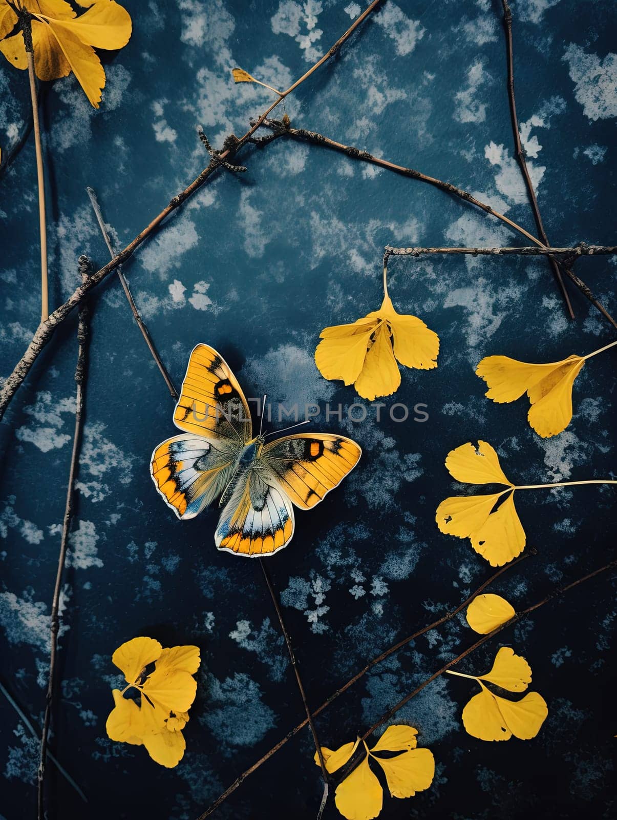 Butterfly on the colorful flowers and plants. Calm nature scene with dreamy colors. Generated AI