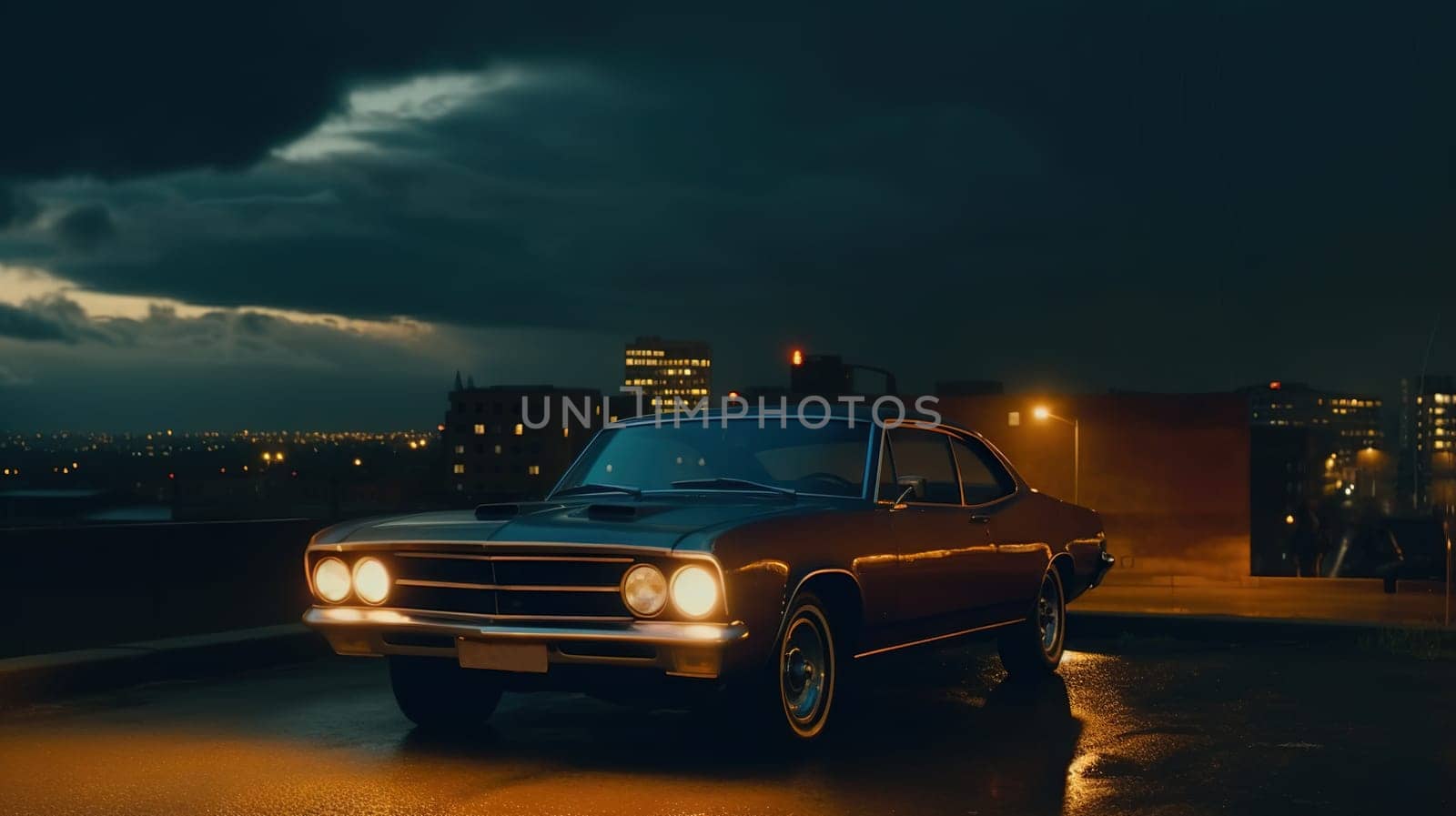 Vintage muscle car parked on the street at night. 80s styled synthwave retro scene with powerful drive in evening. Generated AI