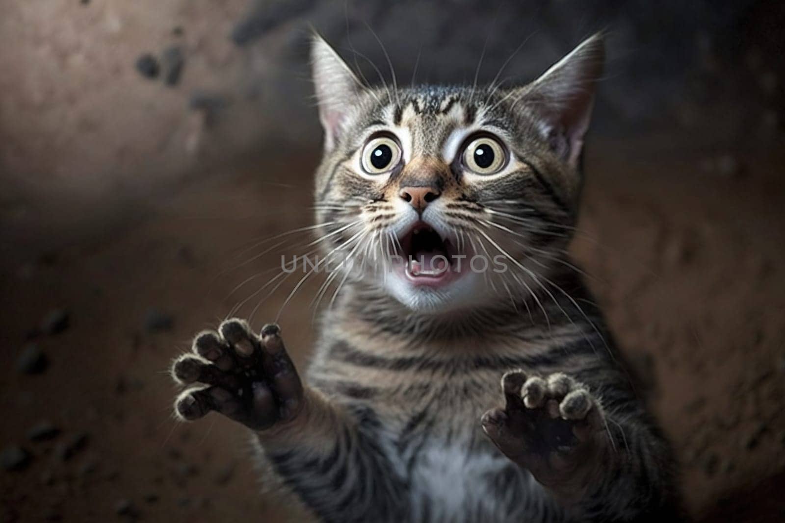 Funny surprised cat with a questioning pose. A cute kitten asks in surprise where the treats are. Generated AI