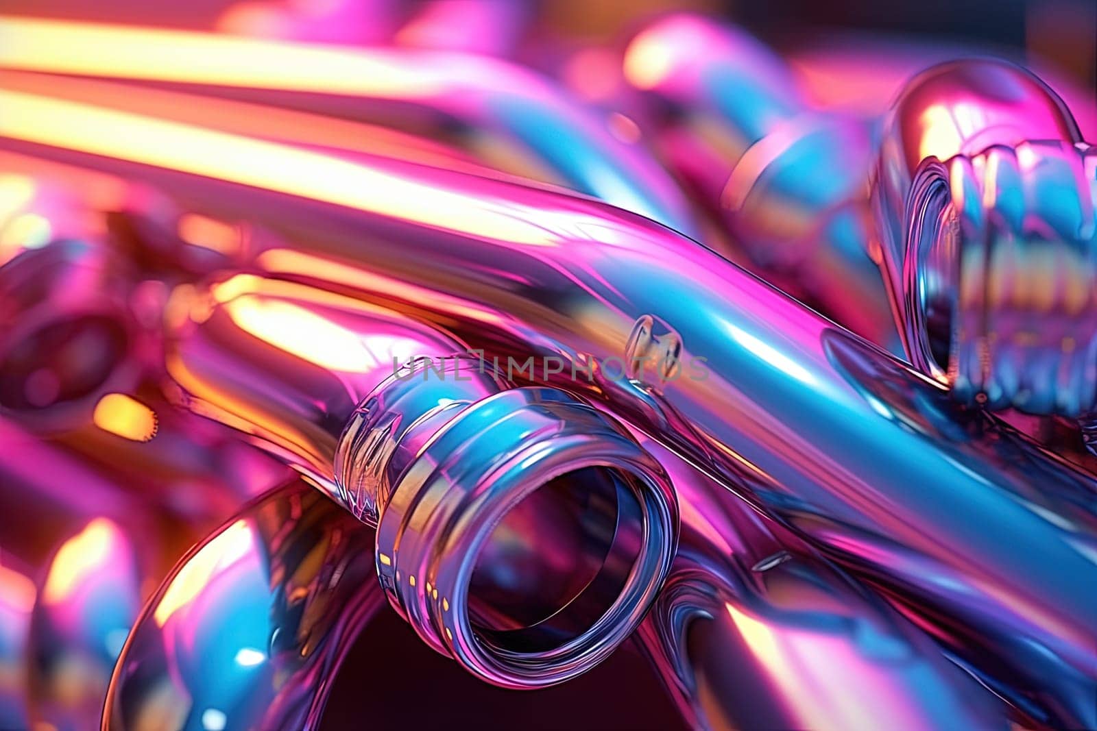 Abstract chrome pipes composition. Industry themed background with shiny metallic connected pipes. Generated AI