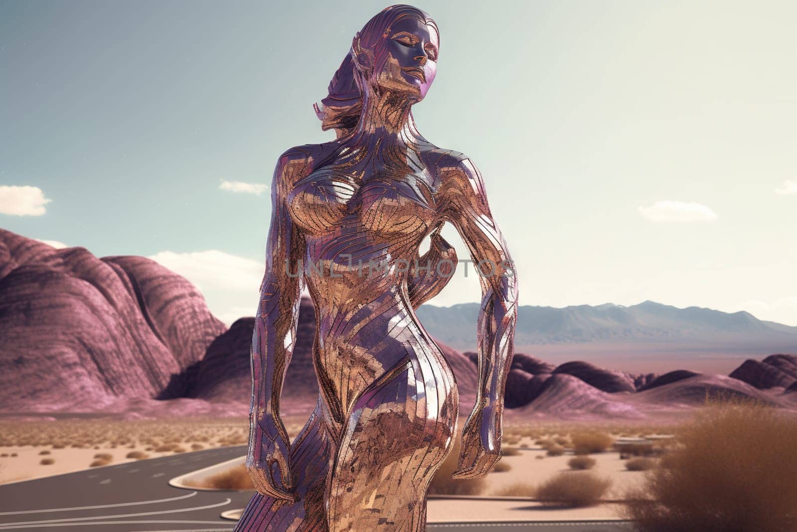 Crome robot woman portrait in the city. Artificial intelligence rise and shiny. Mechanical beauty. Generated AI