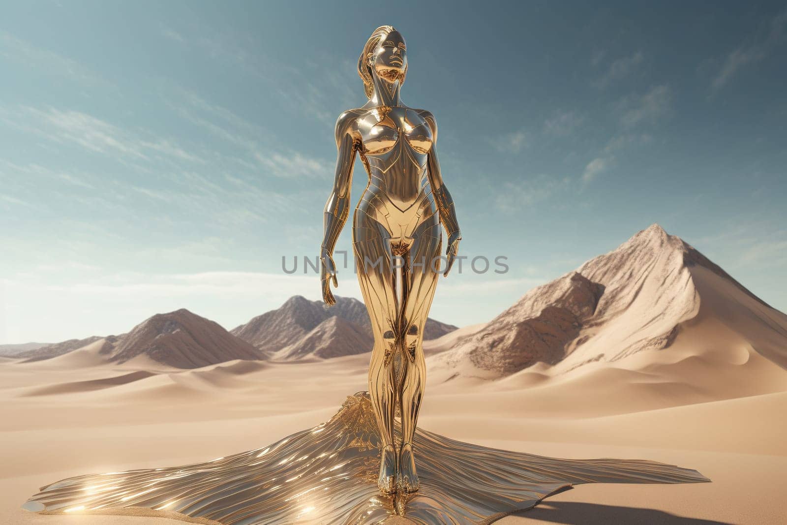 Crome robot woman standing in the desert. Artificial intelligence rise and shiny. Mechanical beauty. Generated AI