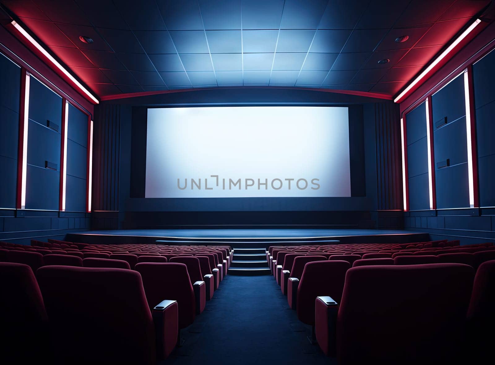 Cinema interior with seats and white screen. Movie theater room with chairs. Generated AI