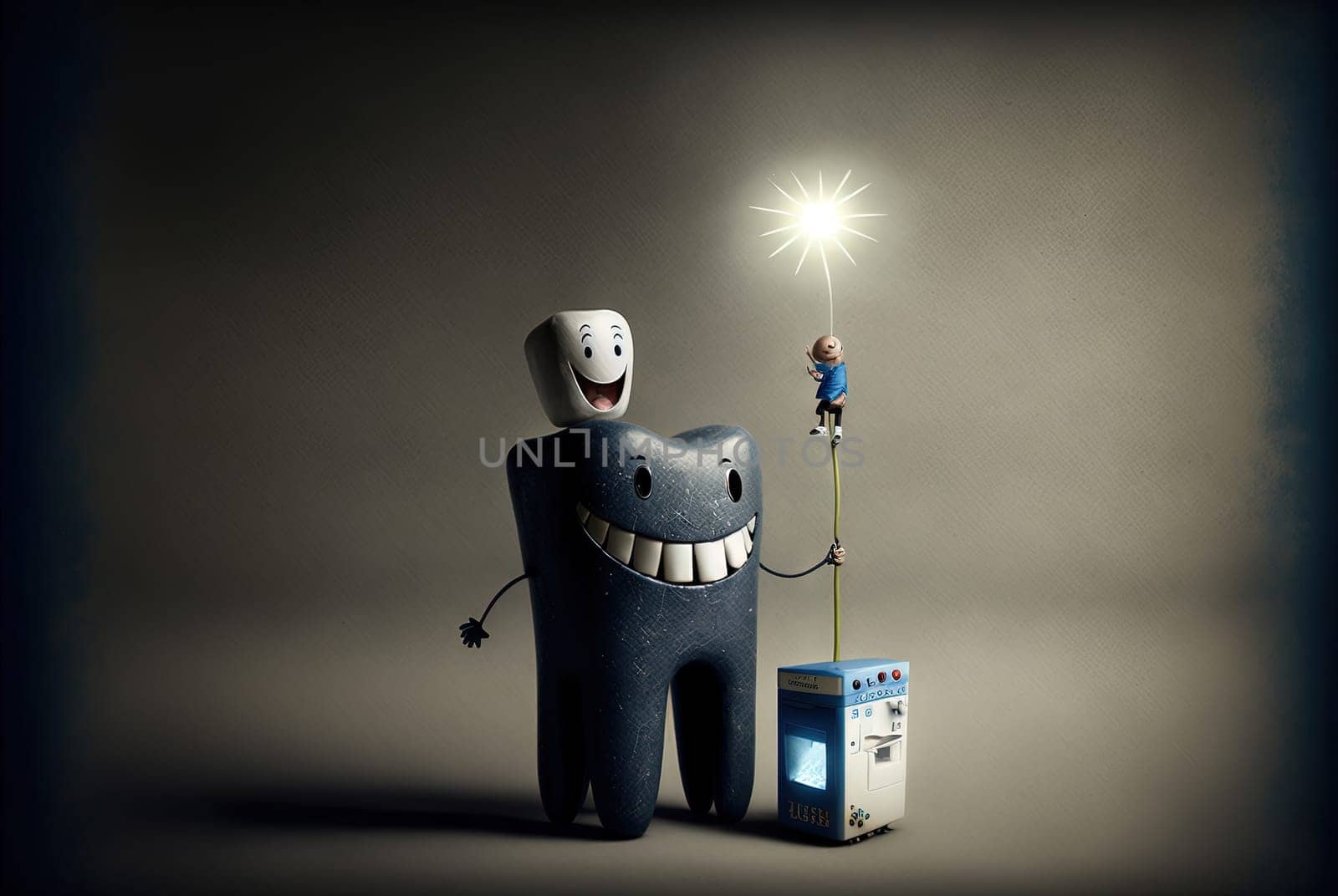 Funny Dentist Day poster with retro styled tooth and vintage equipment. Generated AI