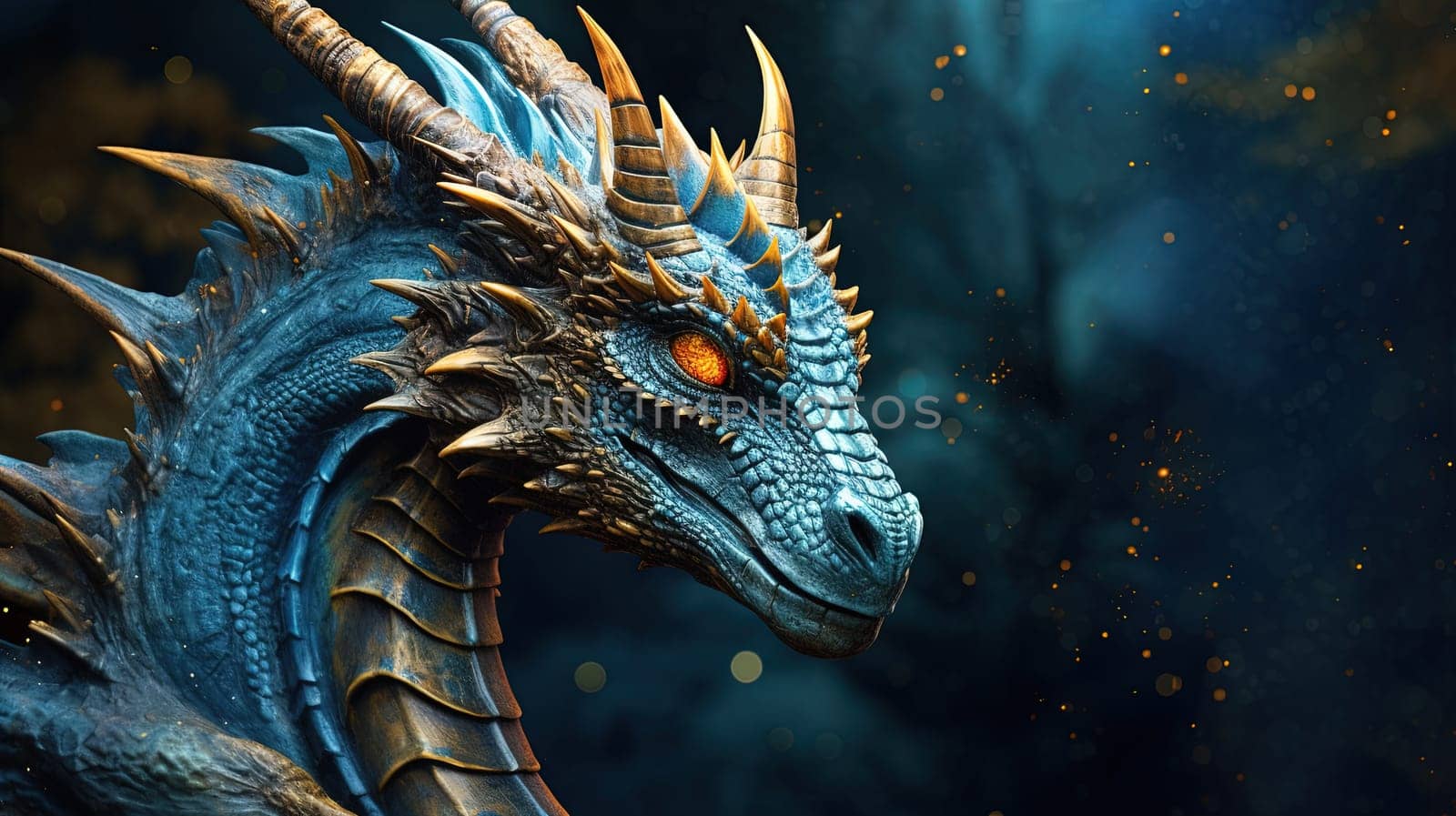 Blue dragon woman, mysterious monster from farytales and symbol of 2024 lunar year in Chinese calendar. Generated AI
