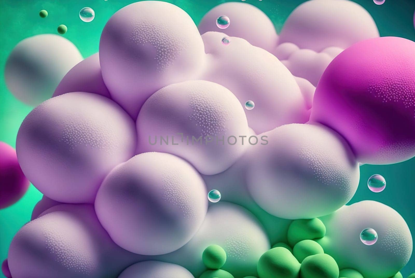 Abstract sweet foam clouds with splashing forms and drops. Colorful foam cloud ro sweet cotton background. Generated AI. by SwillKch