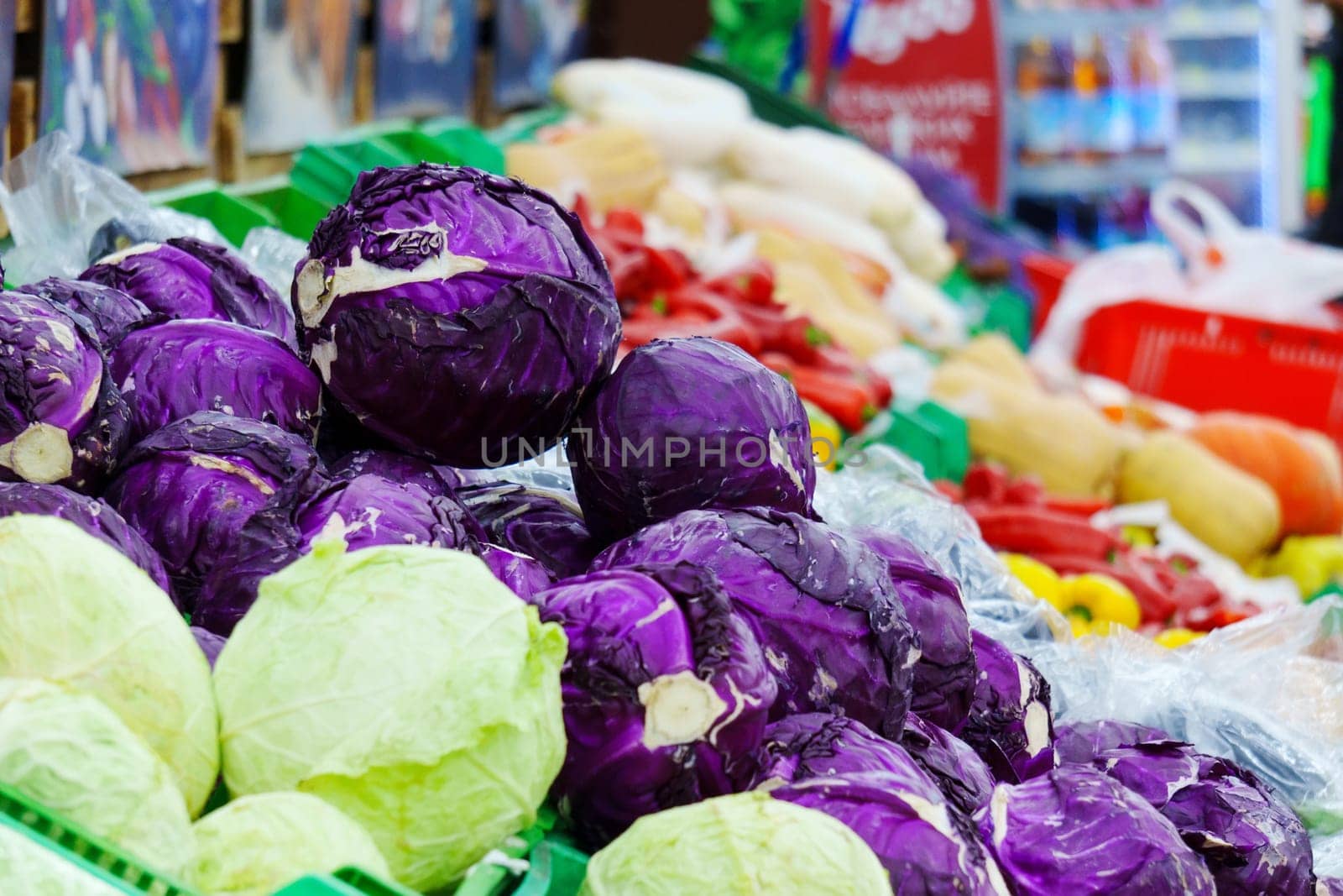 Purple and green cabbages takes center stage in this colorful snapshot of daily life at a city farmers market.