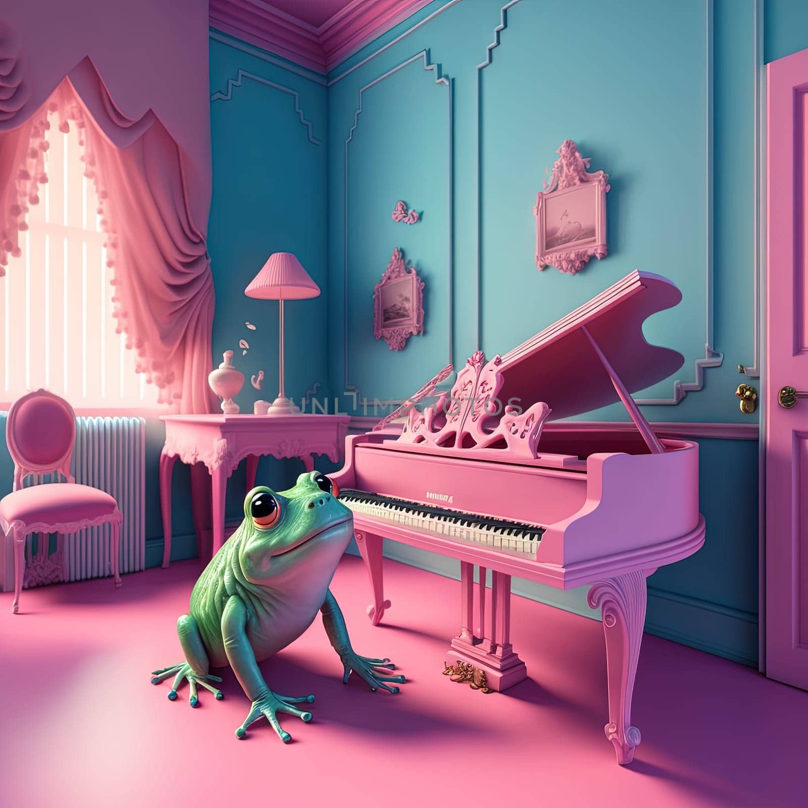 Frog in the pink room with piano. Cute green musician frog. Generated AI
