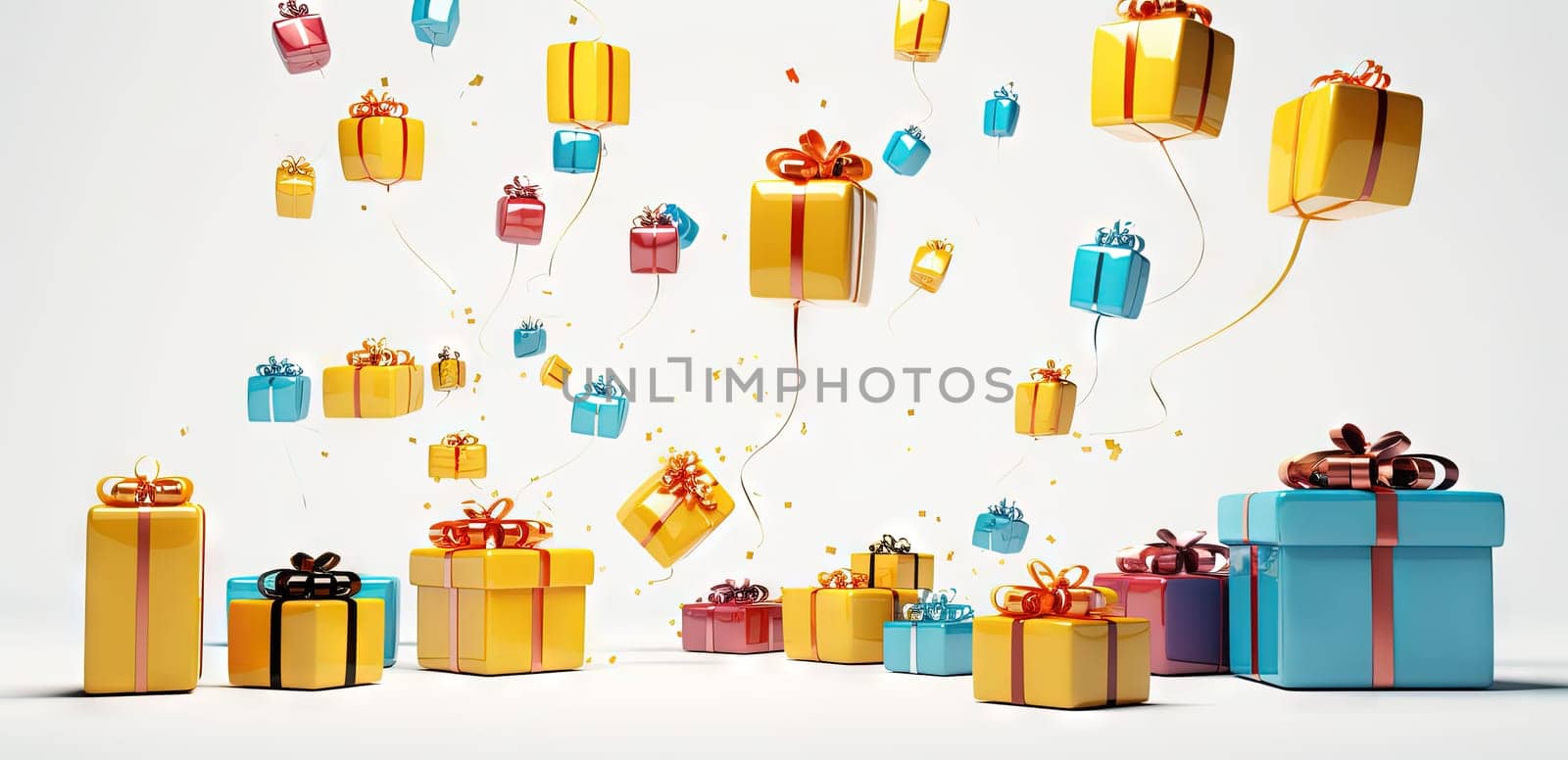 Set of gift boxes with ribbons, arranged for holidays or sale and discount event. Generated AI