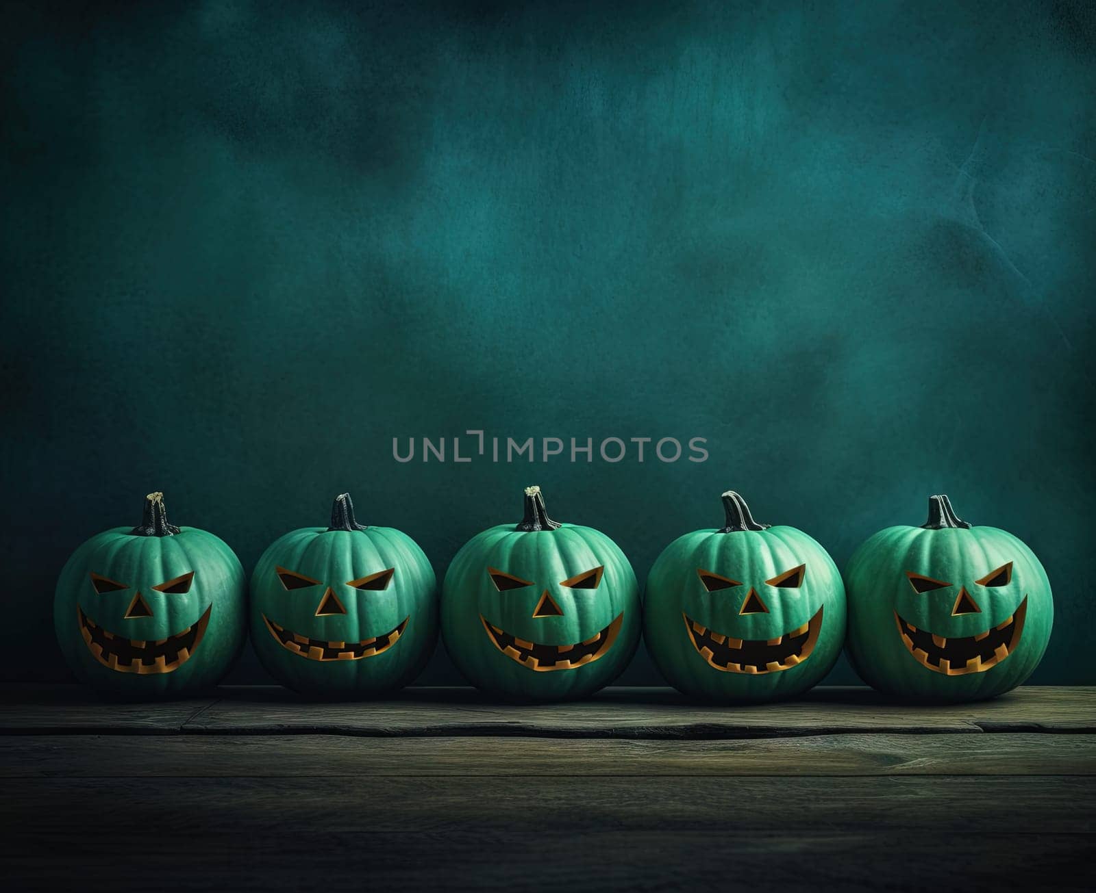 Halloween pumpkins grinning in a row. Autumn holidays card for spooky party. Generated AI