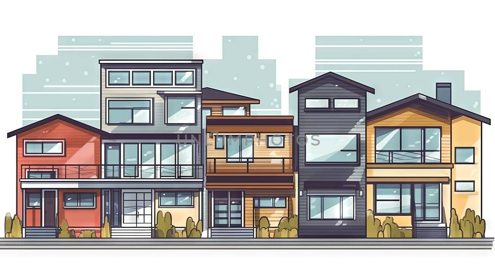 A street with cute residental houses in the neighborhood. Suburb architecture or village cottages. Generated AI